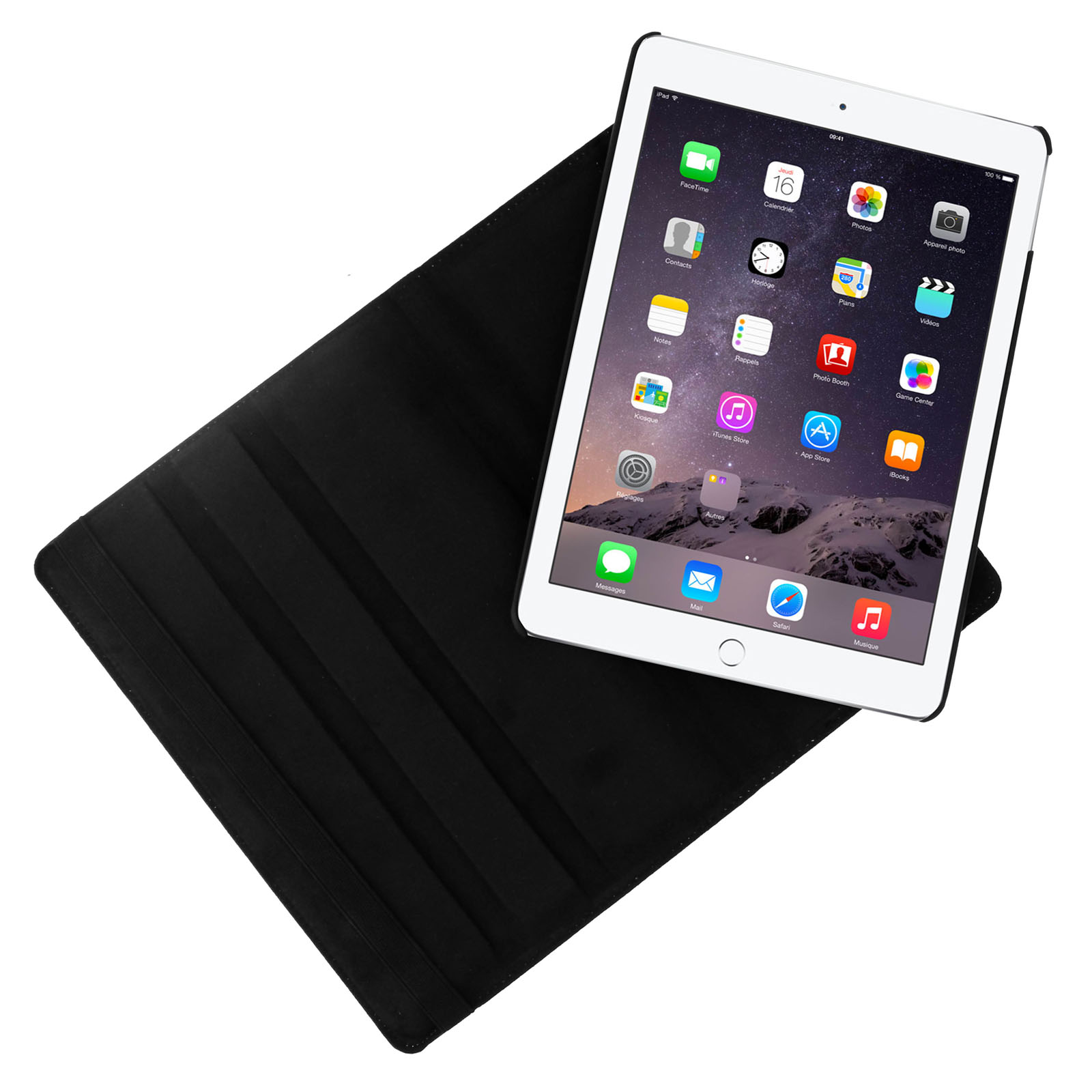 Tablet nero su una custodia nera, con icone delle app sullo schermo.