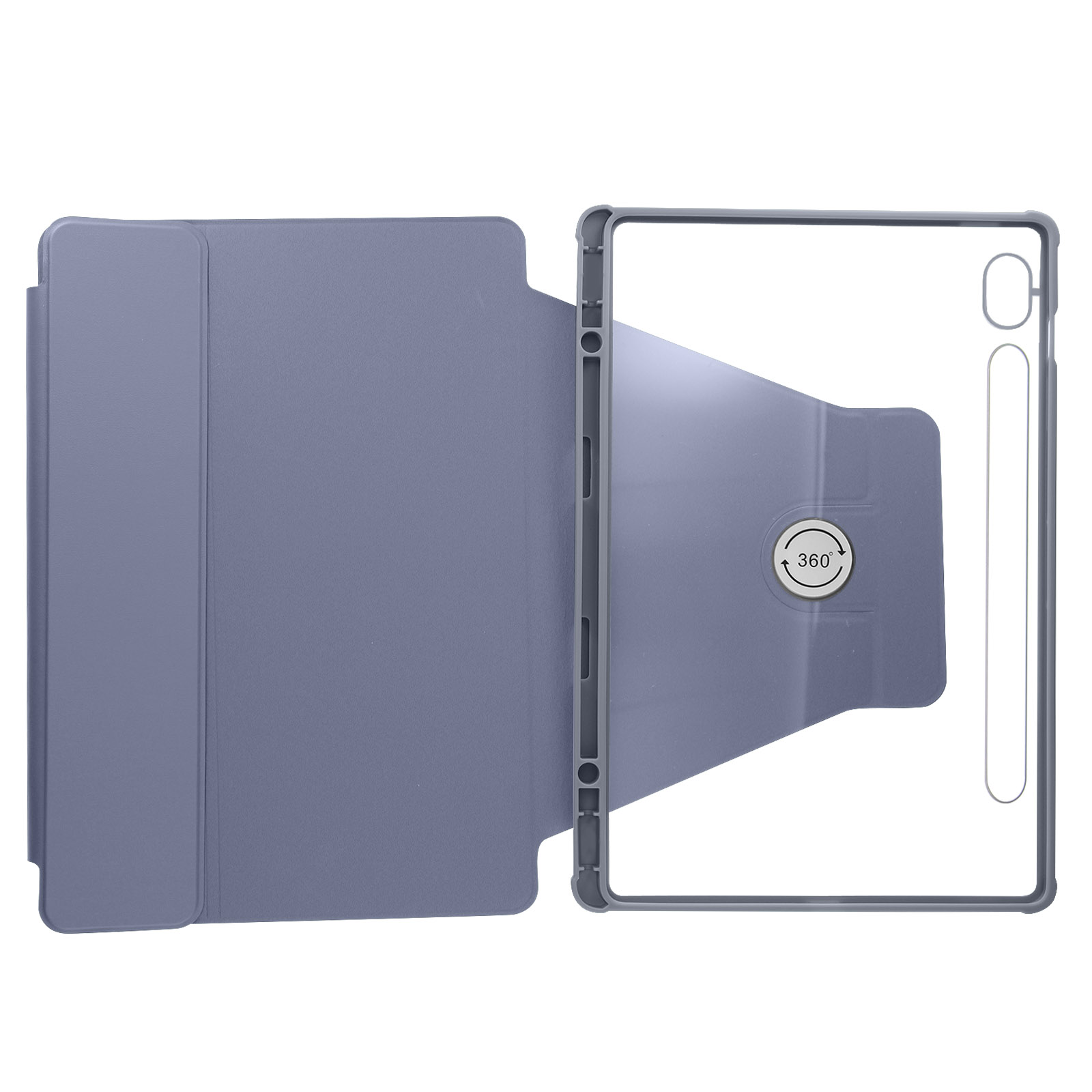 Una custodia per tablet in grigio-blu, aperta, con un supporto girevole a 360°.