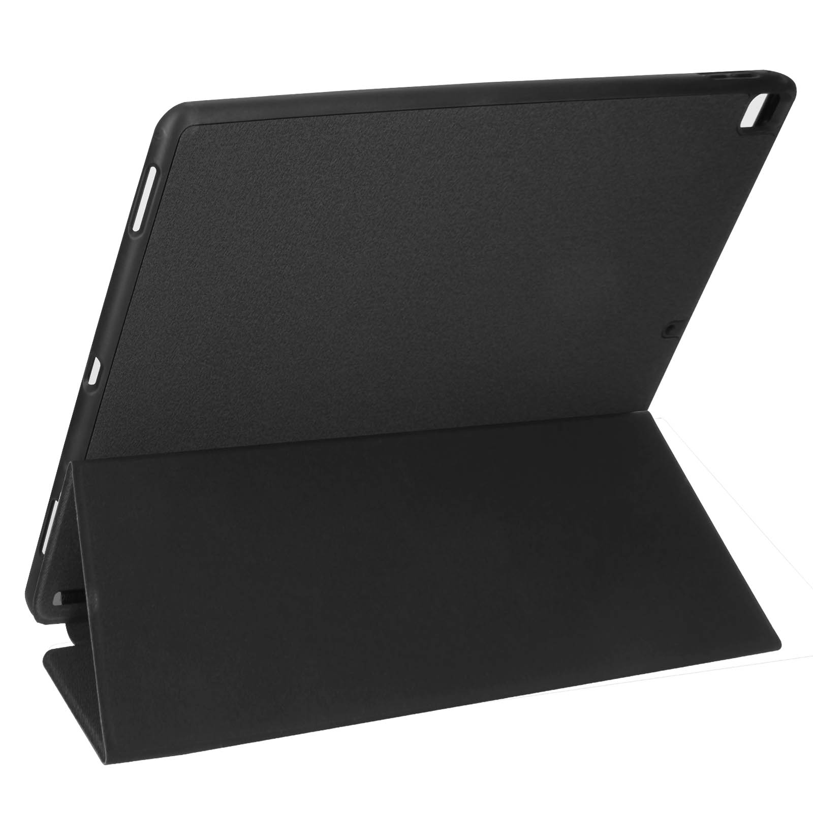 Custodia per tablet nera, aperta. La custodia supporta lo schermo del tablet ad angolo.