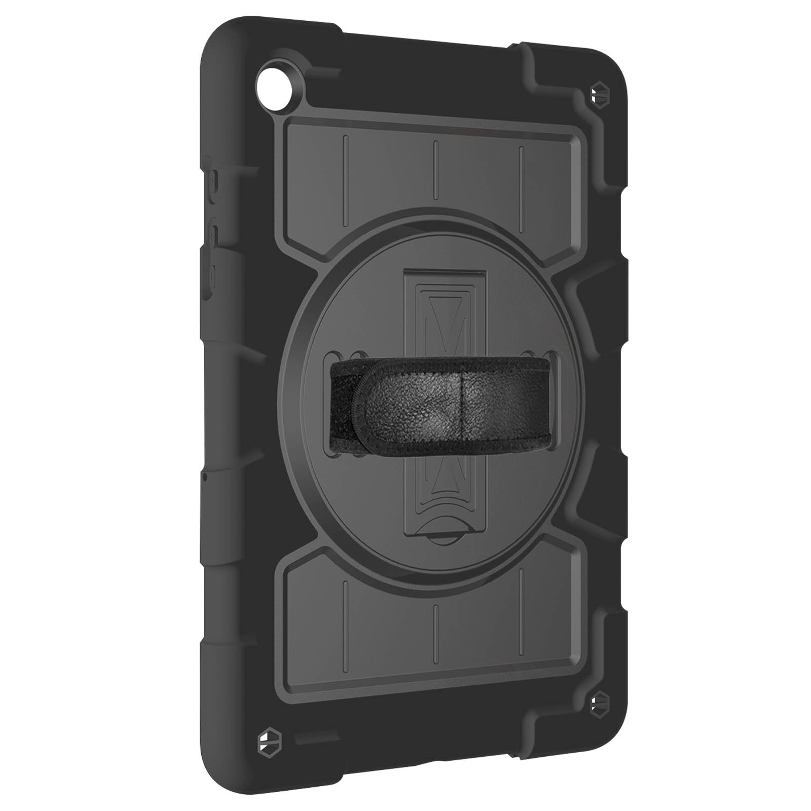 Schwarze Tablethülle mit Handschlaufe. Die Hülle befindet sich auf weißem Hintergrund.