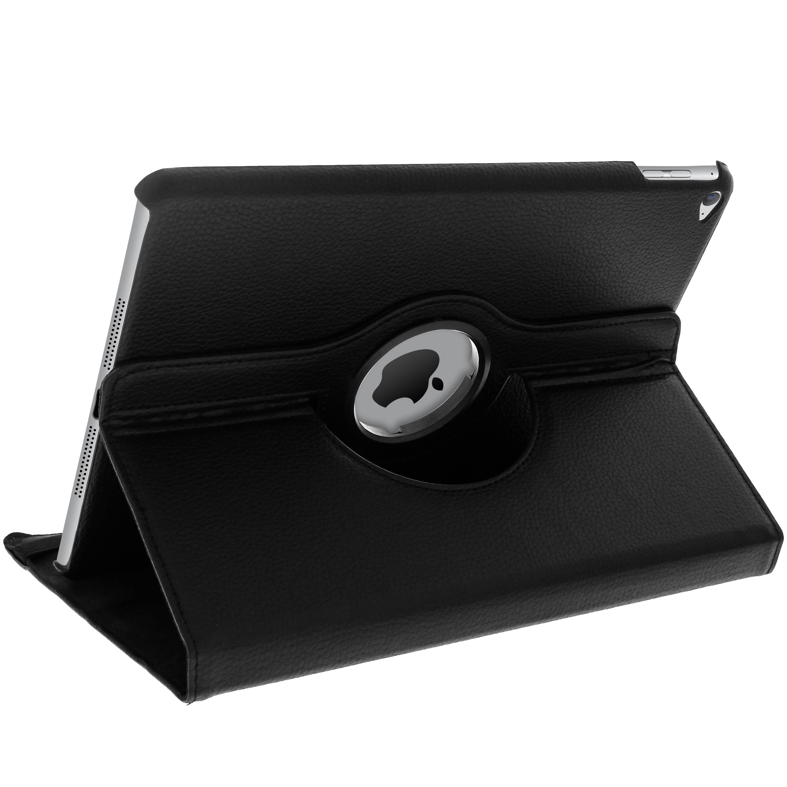 Custodia nera per tablet, logo Apple visibile. Sfondo nero.