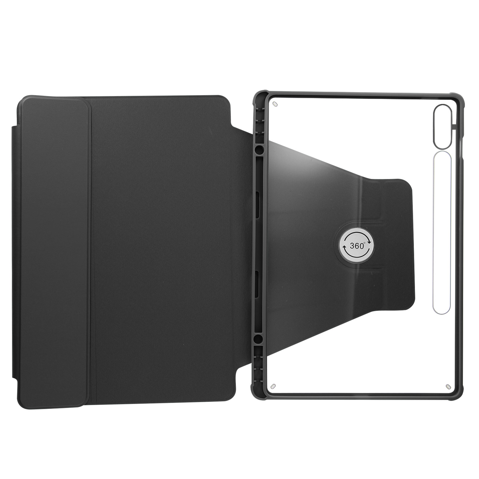 Custodia per tablet nera con copertura pieghevole. La custodia ha un supporto rotante.