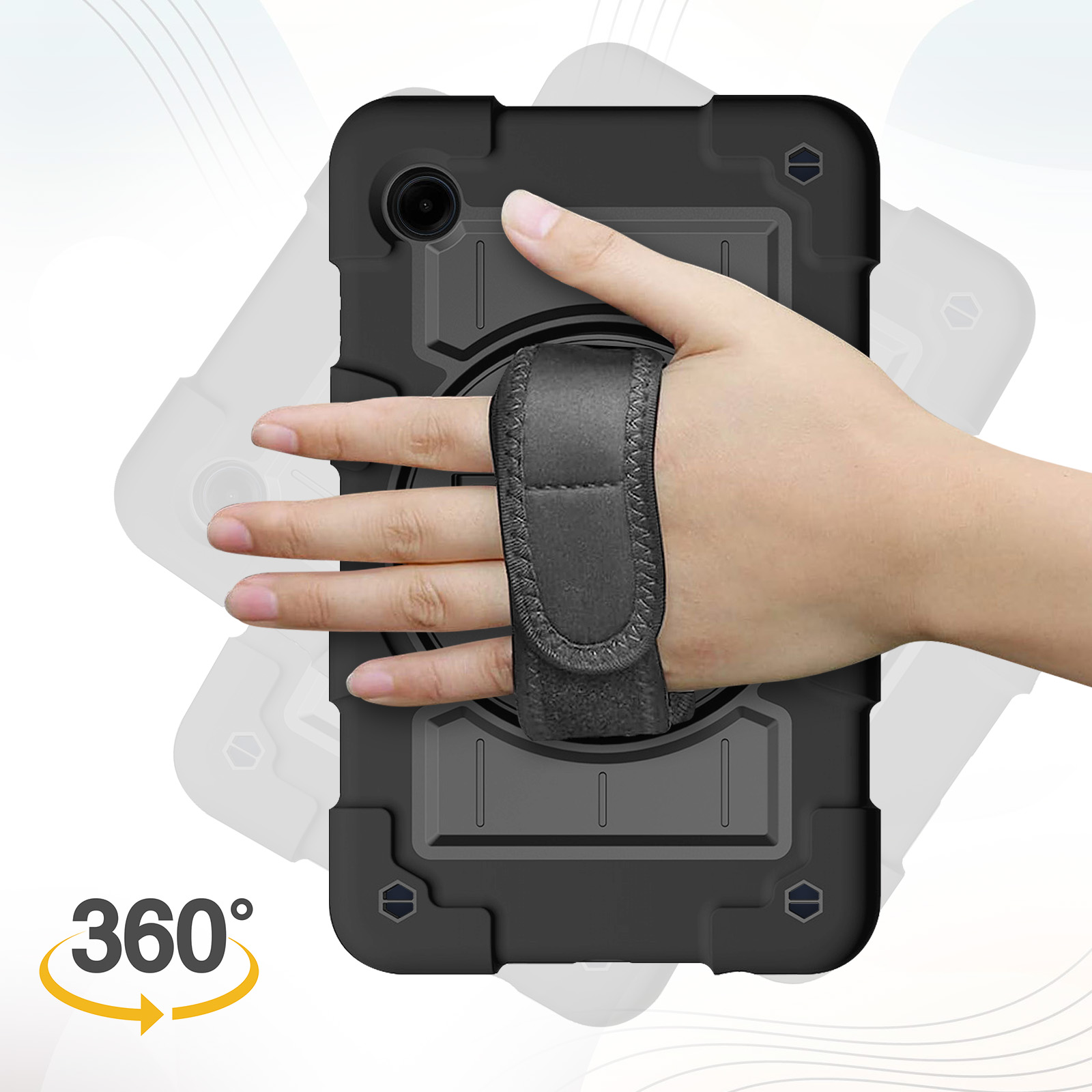 Schwarze Tablet-Hülle mit einer Hand, die den Riemen hält, und einem 360-Grad-Symbol.