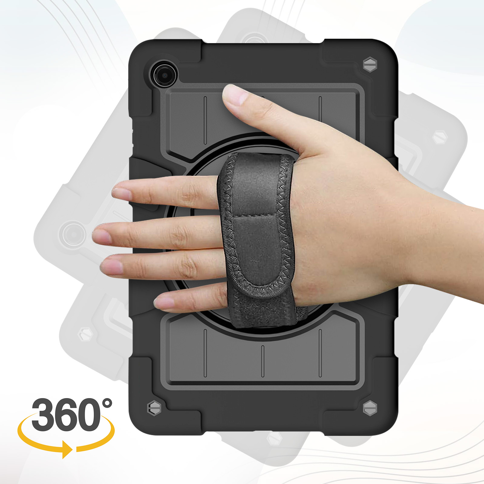 Tablet in schwarzer Hülle. Hülle hat Handschlaufe für 360-Grad-Drehung.
