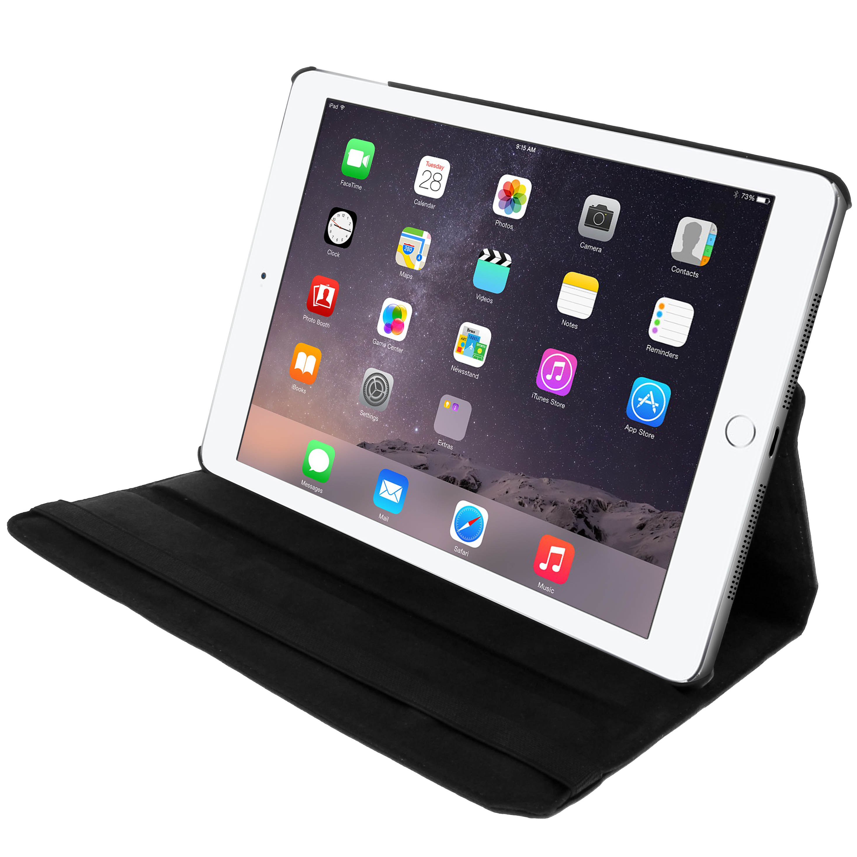 Tablet con app sullo schermo in una custodia nera, parzialmente aperto su sfondo bianco.