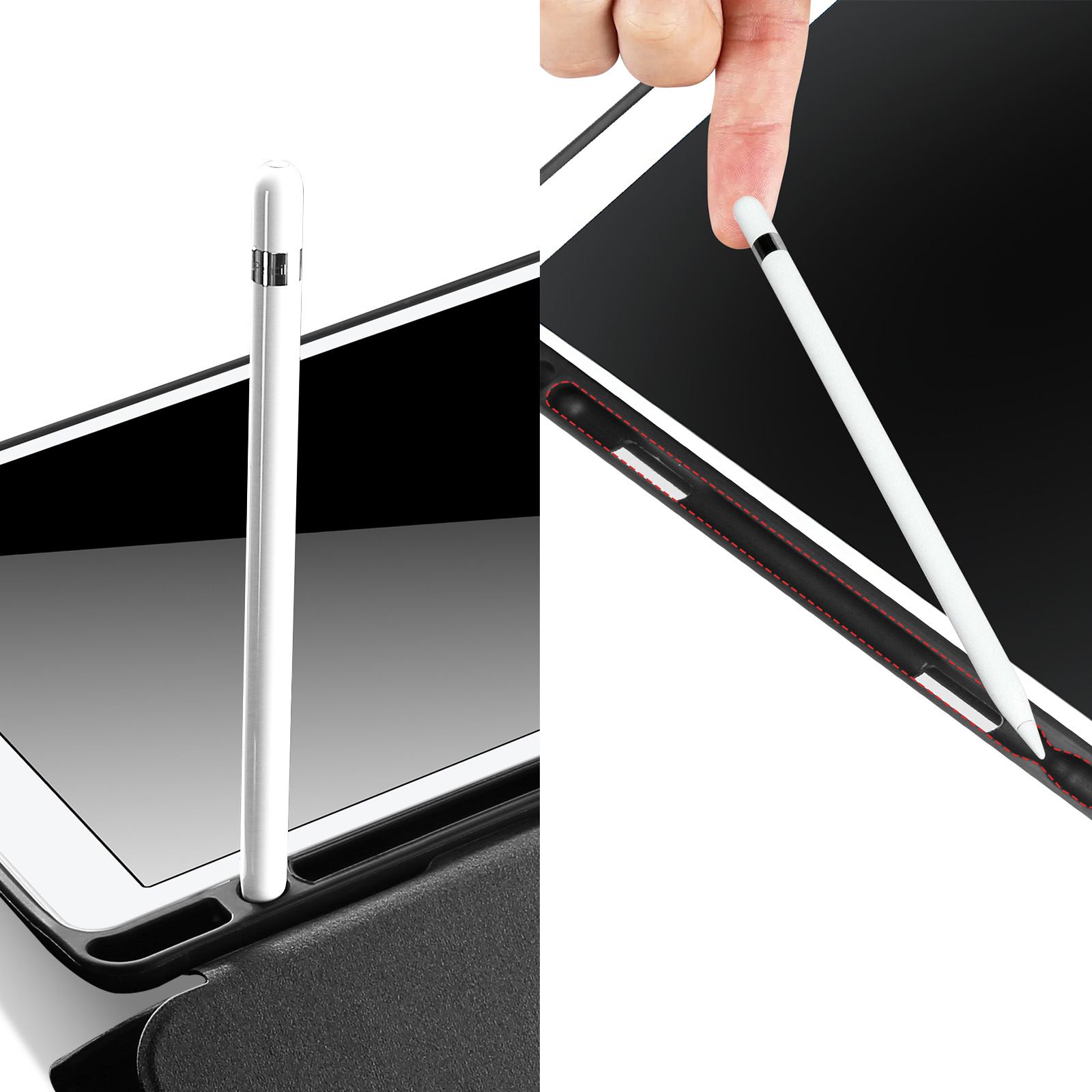Due immagini. Una penna bianca accanto a un tablet e un'altra tenuta in mano su un tablet.