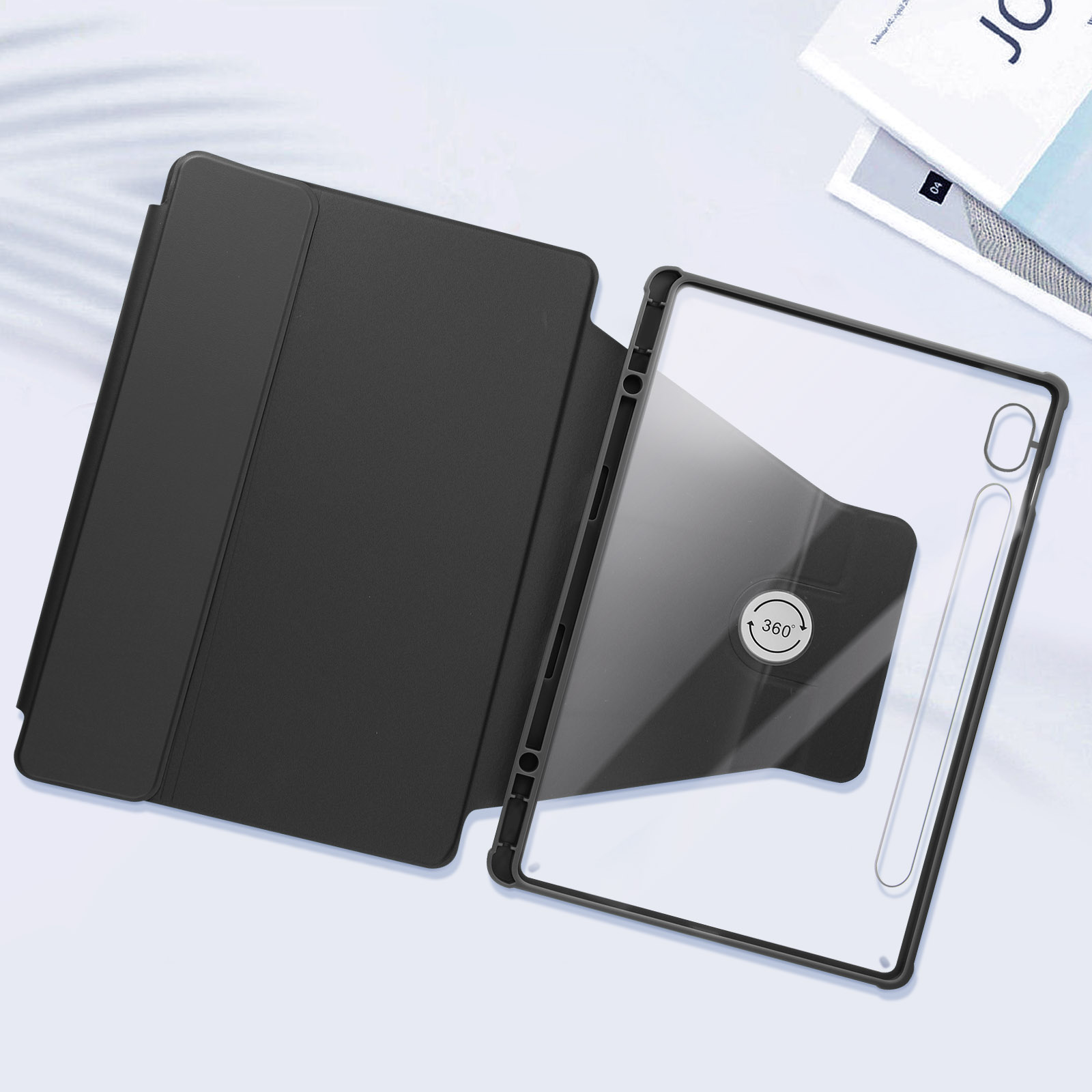 Custodia per tablet con tablet all'interno, aperta. Design nero e trasparente, retro trasparente e supporto rotante.