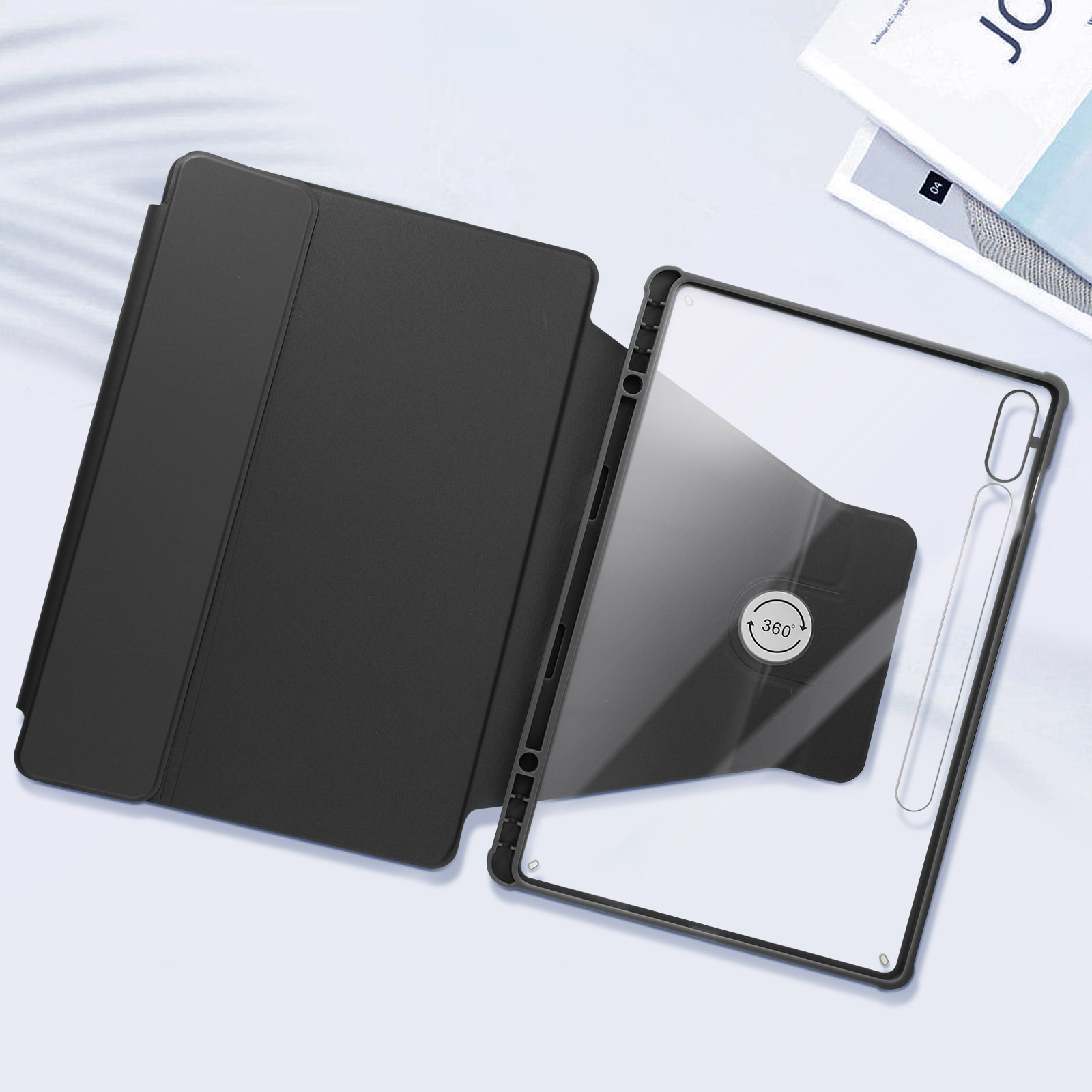 Custodia per tablet nera, aperta per mostrare il tablet con un supporto girevole a 360 gradi, con lo schermo del tablet.