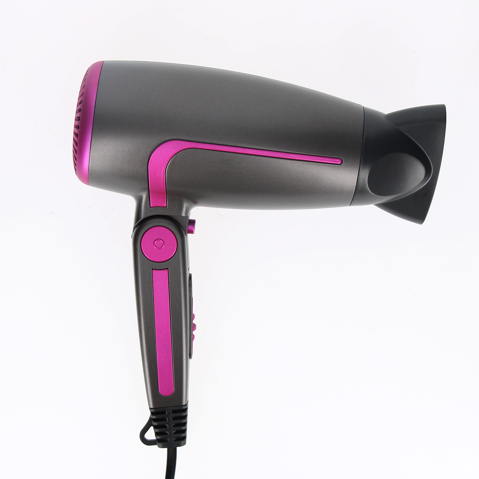 Haartrockner, dunkelgrau mit rosa Akzenten. Auf weißem Hintergrund.