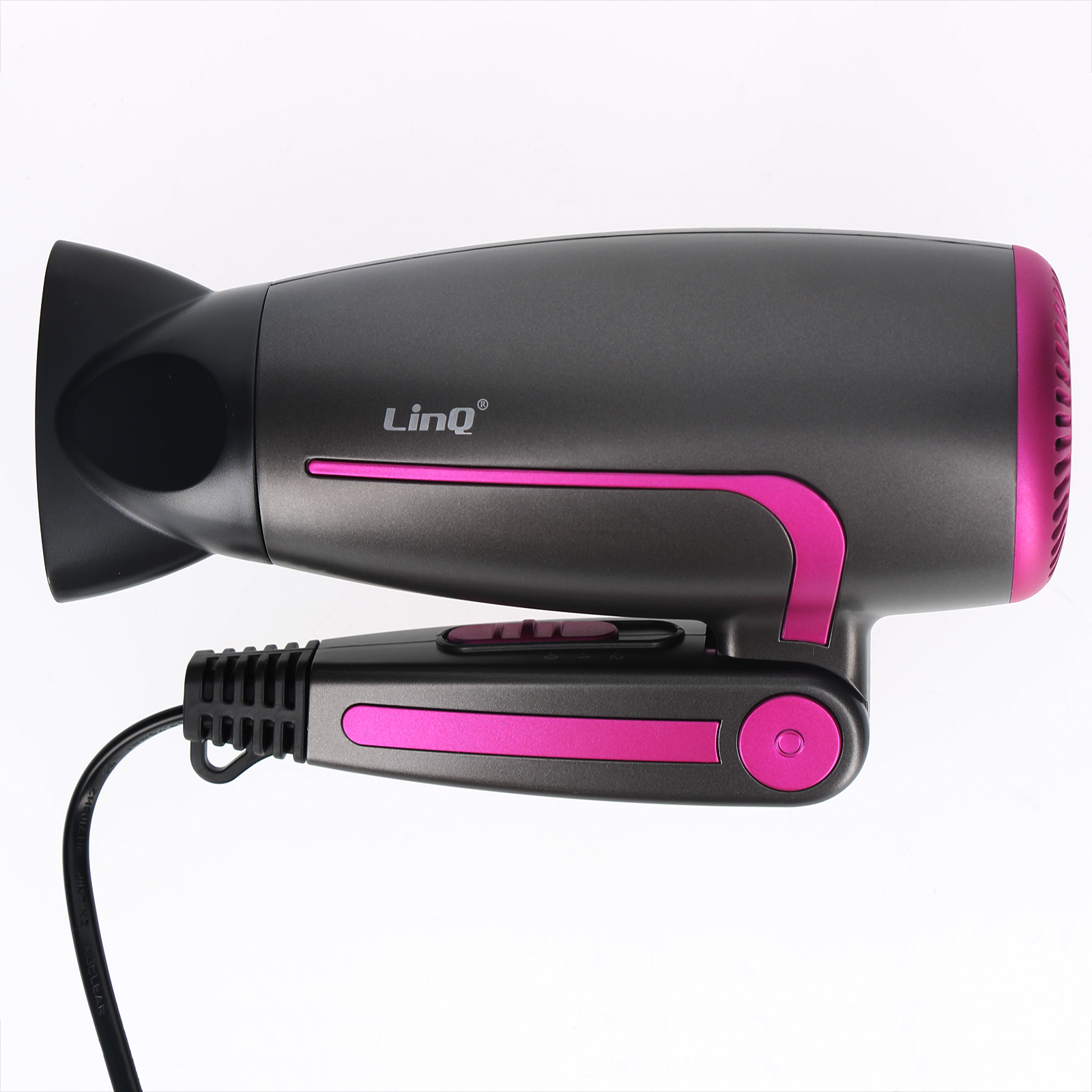Haartrockner, grau und rosa, weißer Hintergrund. Enthält Griff, Düse und Bedienelemente.