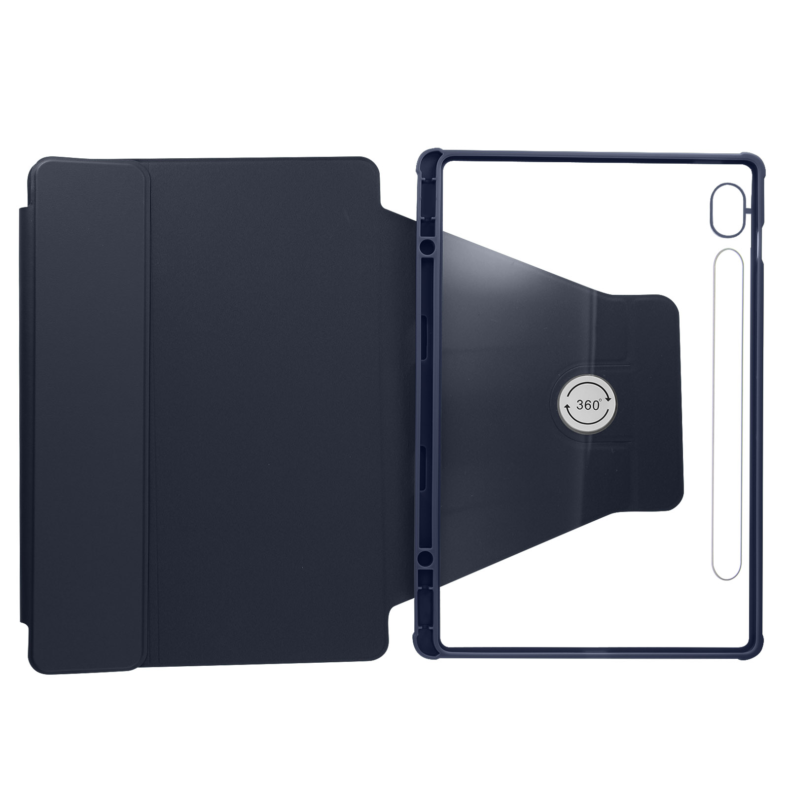 Una custodia per tablet blu scuro. Lo sfondo è bianco.