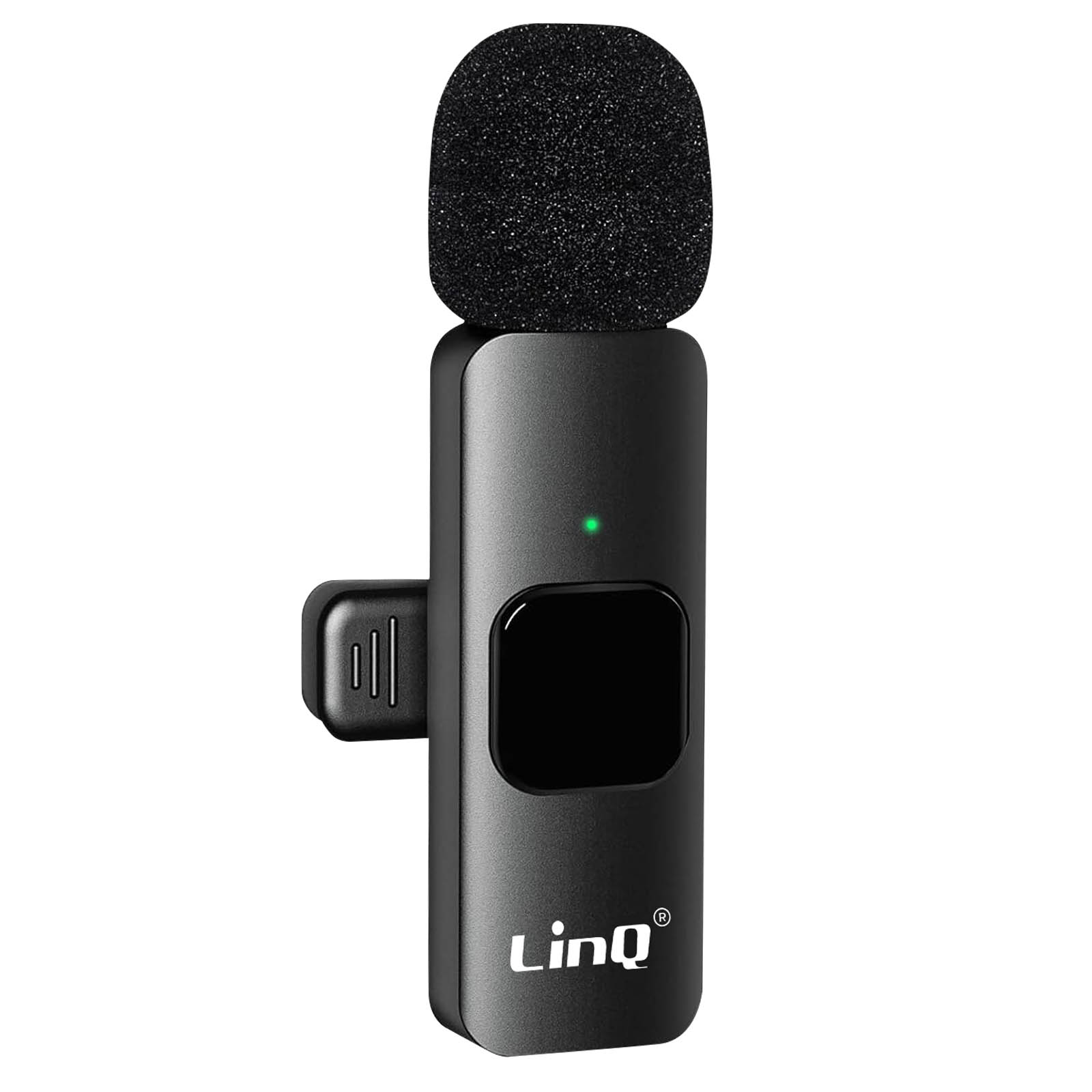Ein kleines schwarzes Mikrofon mit rundem Kopf und grünem Licht. Das Wort 'LinQ' ist sichtbar.