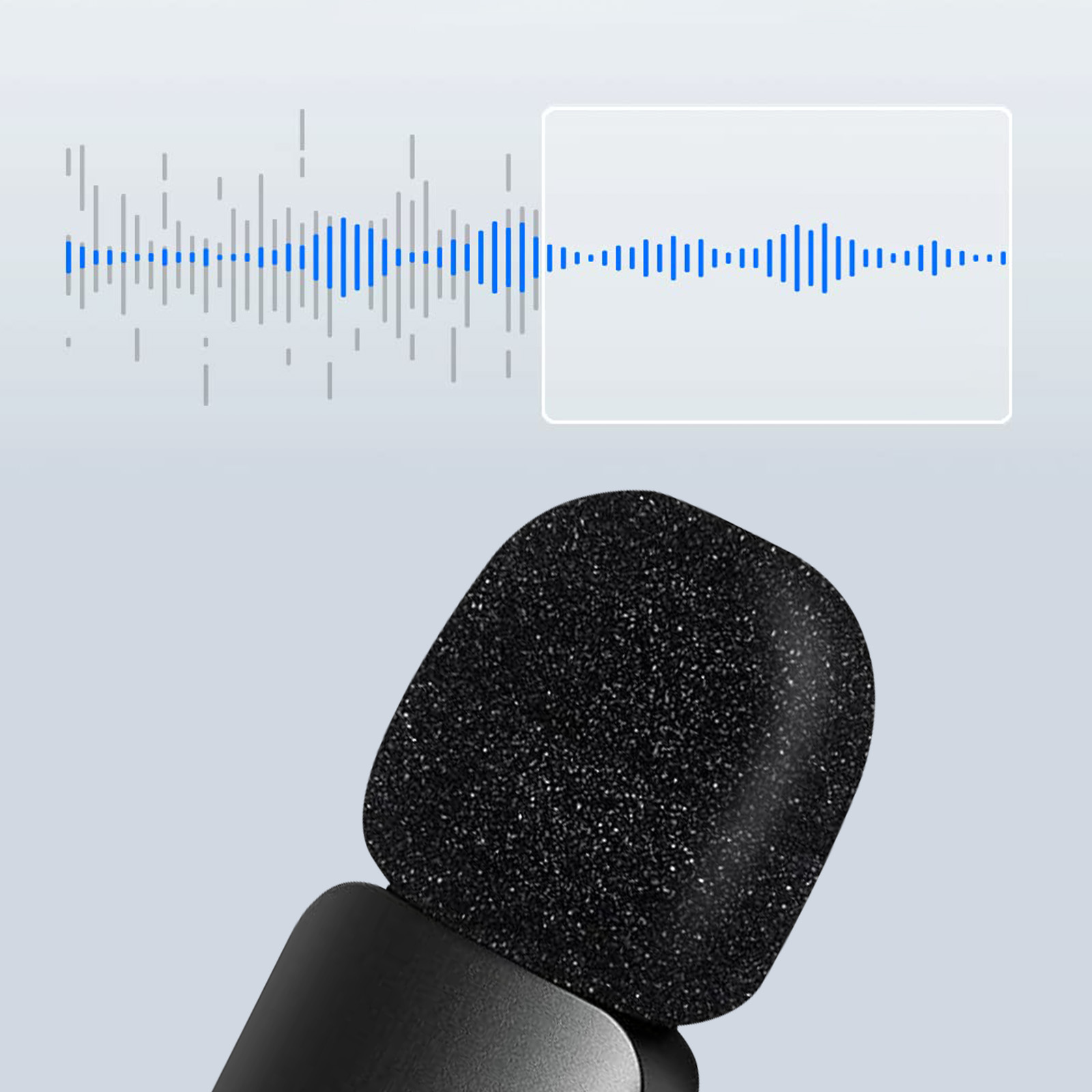 Schwarzes Mikrofon mit Schallwellenvisualisierung auf hellblauem Hintergrund.