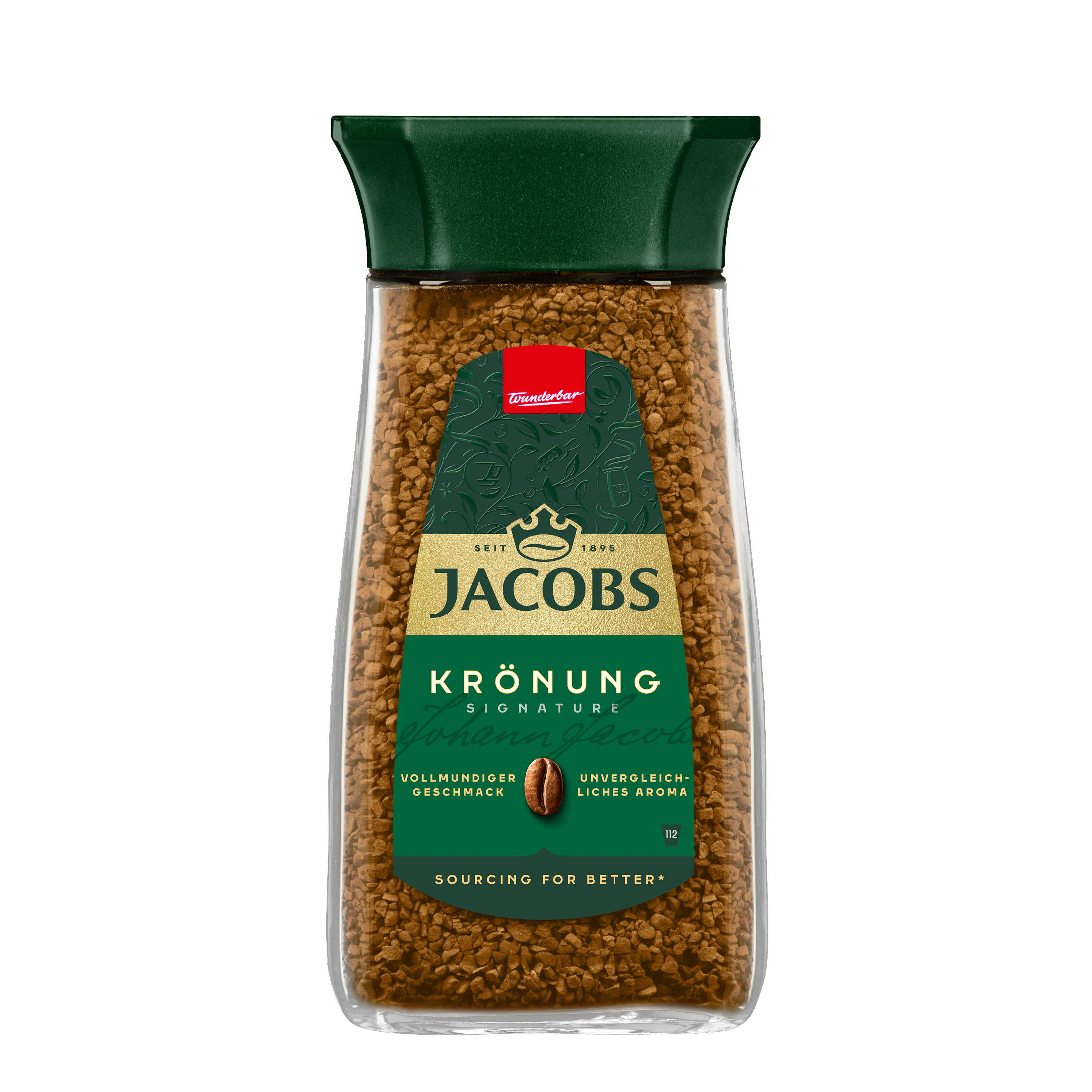 Ein Glas Jacobs Krönung Kaffee mit grünem Deckel und Etikett. Text: Jacobs Krönung Signature.