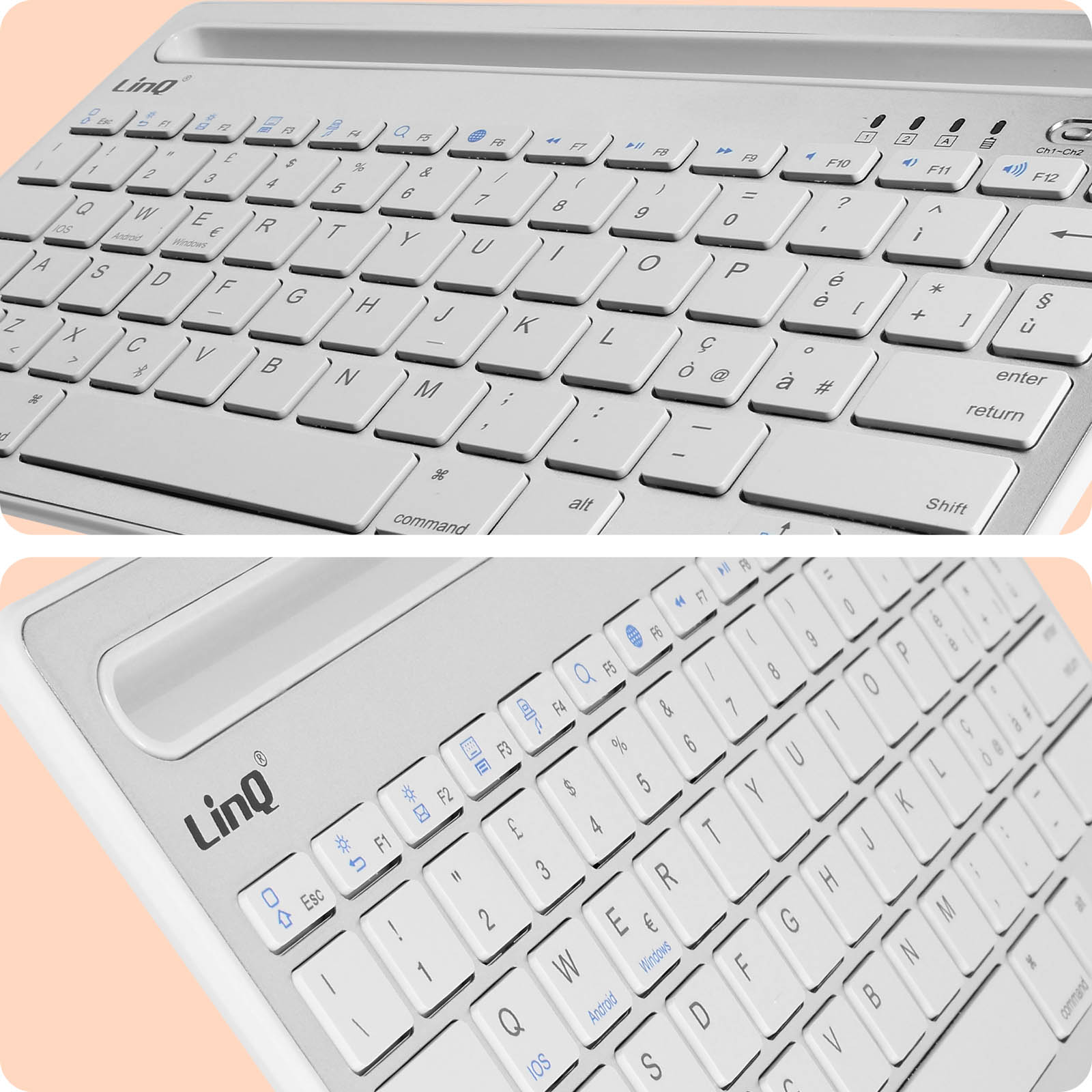 Nahaufnahme einer weißen Tastatur mit blauen Tasten.  Oben- und Untenansicht zeigen das Layout und die Tasten.