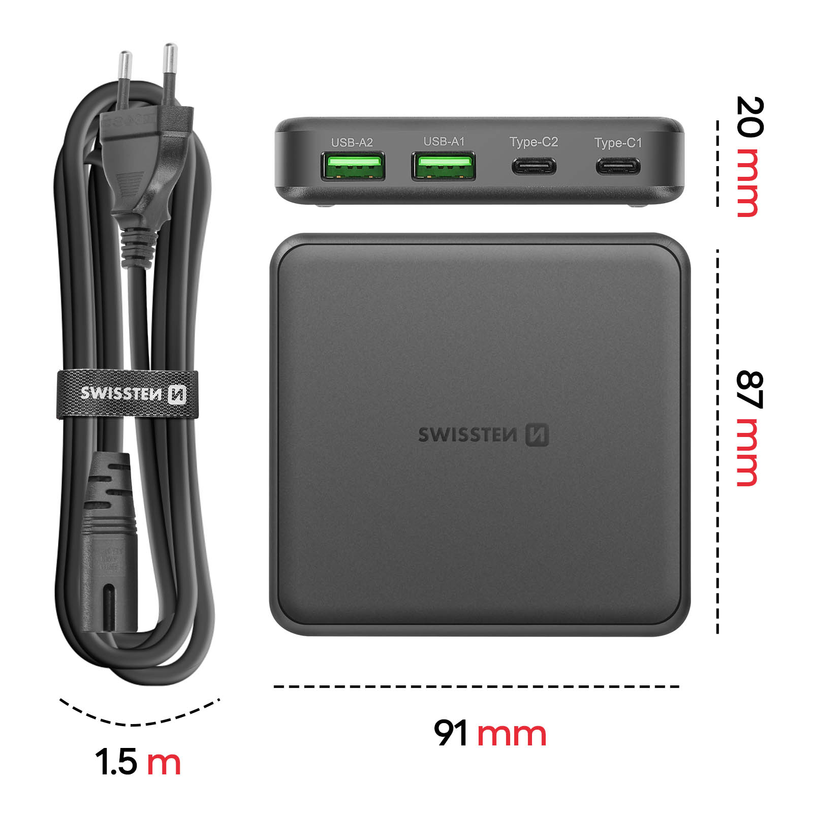 Schwarzes Netzteil und Powerbank mit Abmessungen. Kabel angeschlossen. Schwarz und grün.