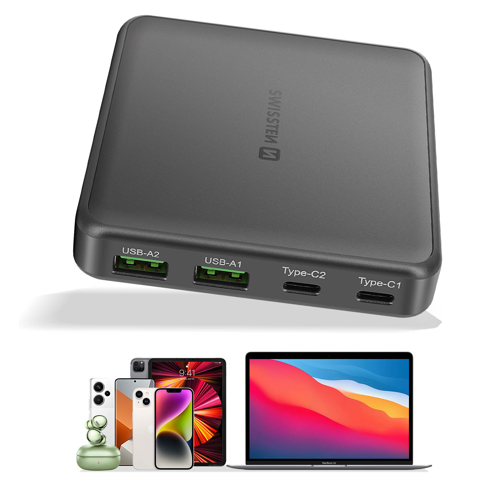 Dunkelgraue Powerbank mit mehreren USB-Anschlüssen und mehreren Geräten davor.