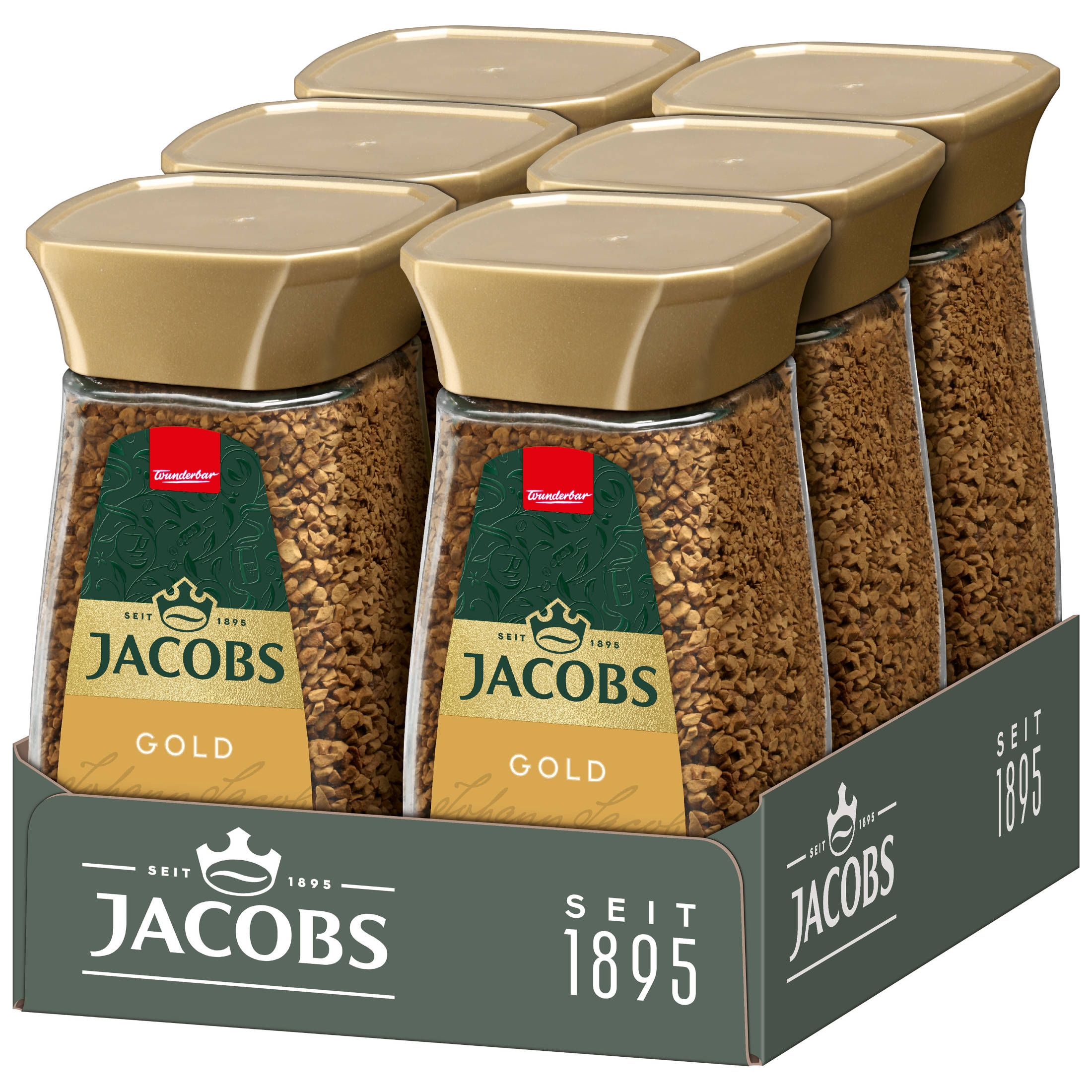 Jacobs Gold Kaffeegläser in einem Karton angeordnet. Die Gläser haben goldene Deckel und Etiketten.