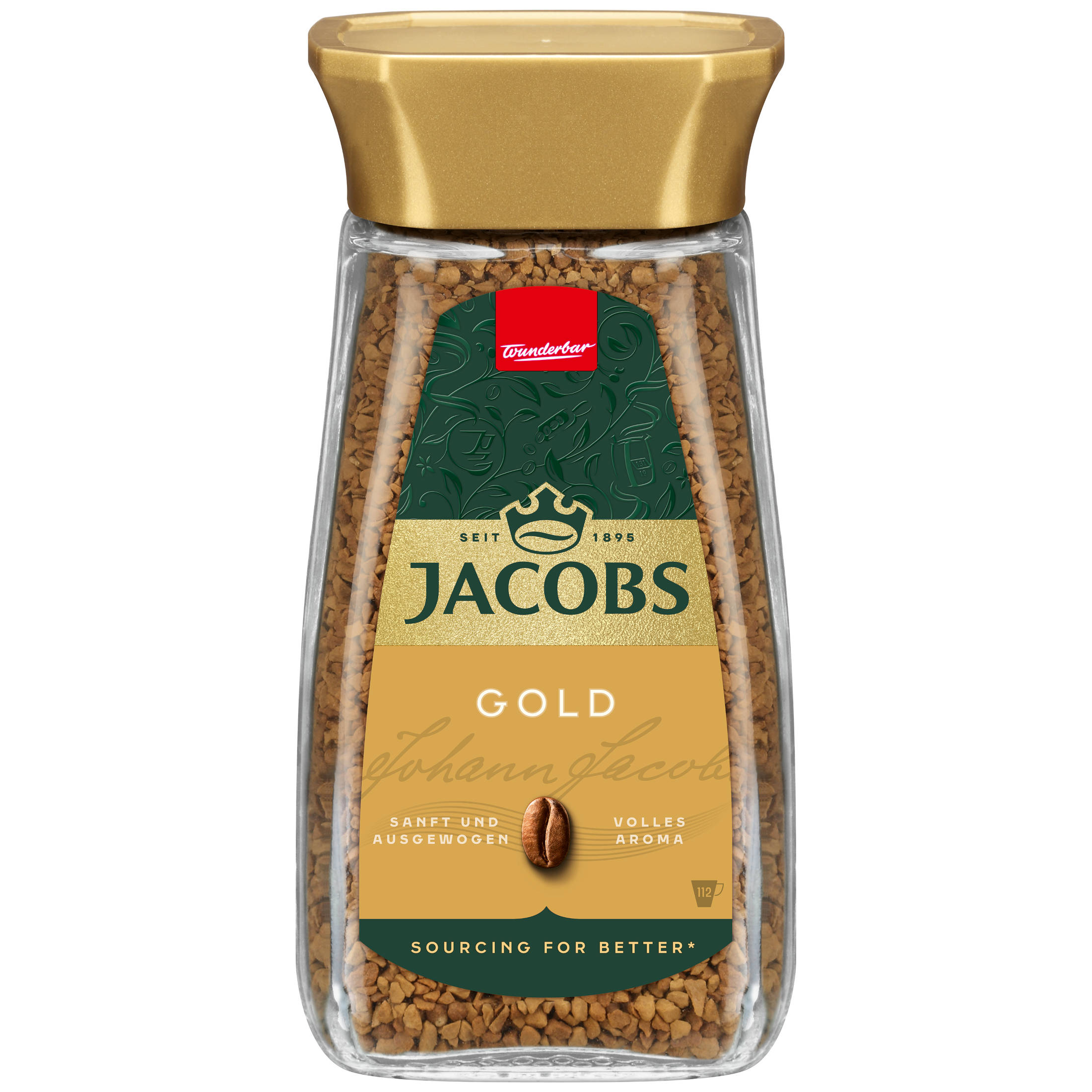 Ein Glas Jacobs Gold Instantkaffee. Das Etikett zeigt Text und eine Kaffeebohnen-Illustration.