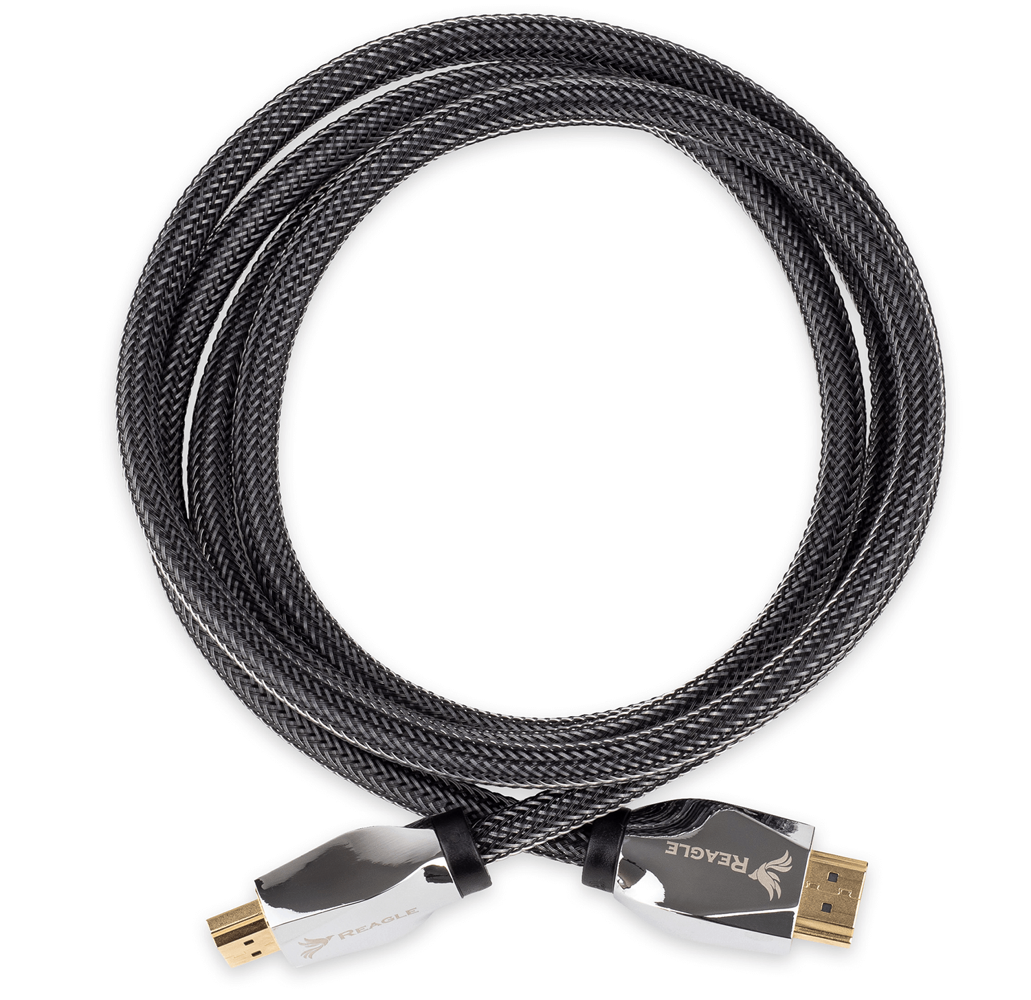 Czarny pleciony kabel HDMI zwinięty na białym tle, z marką Reagle na obu końcach.