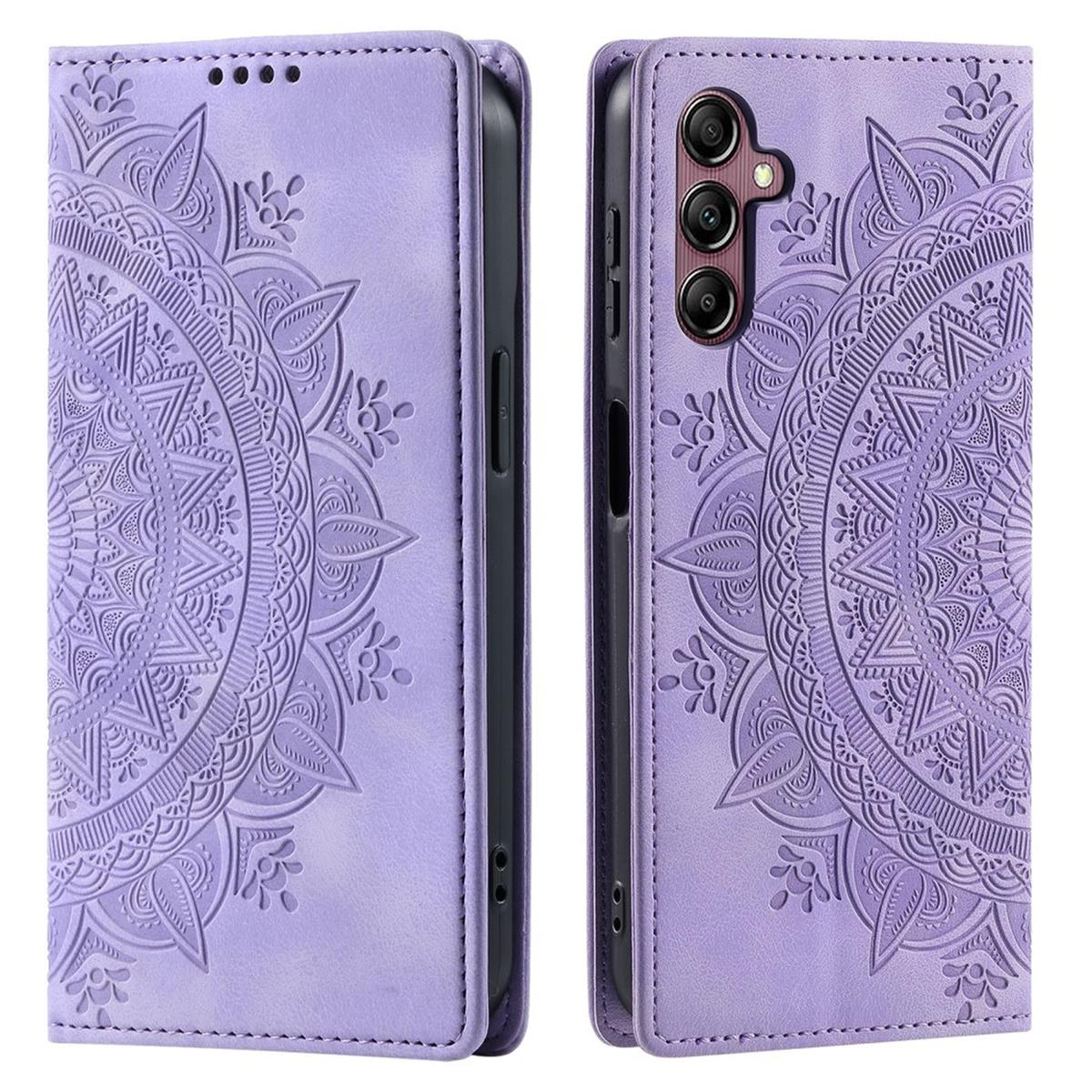 Lila Handyhülle mit Mandala-Design. Geöffnete und geschlossene Ansicht gezeigt.