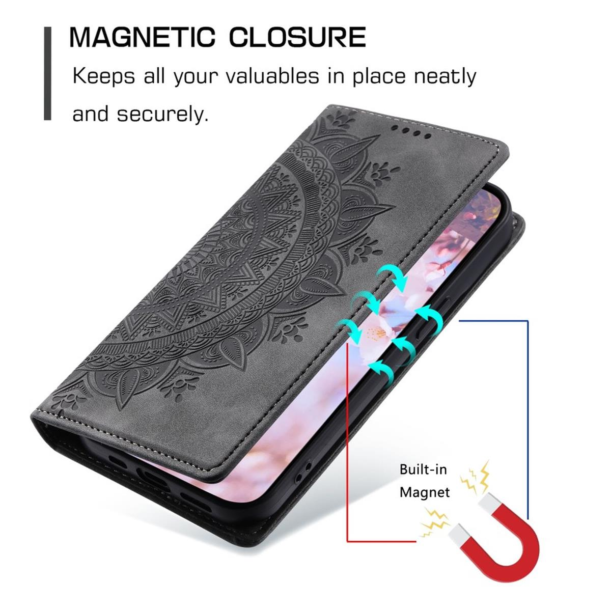 Graue Handyhülle mit Magnetverschluss. Die Hülle hat ein Mandala-Design.