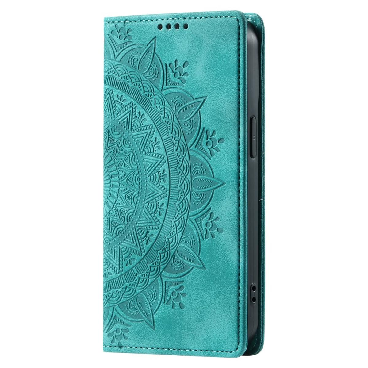 Eine tealfarbene Handyhülle mit Mandala-Design. Die Hülle ist offen und zeigt den Rand des Telefons.