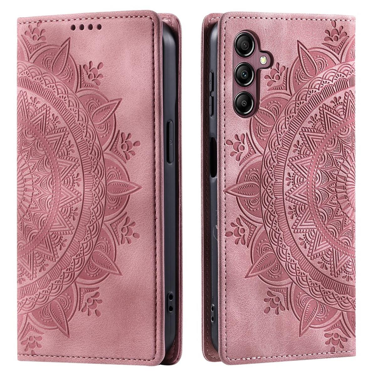 Zwei rosafarbene Handyhüllen, jede mit einem detaillierten Mandala-Design auf der Vorderseite geprägt.