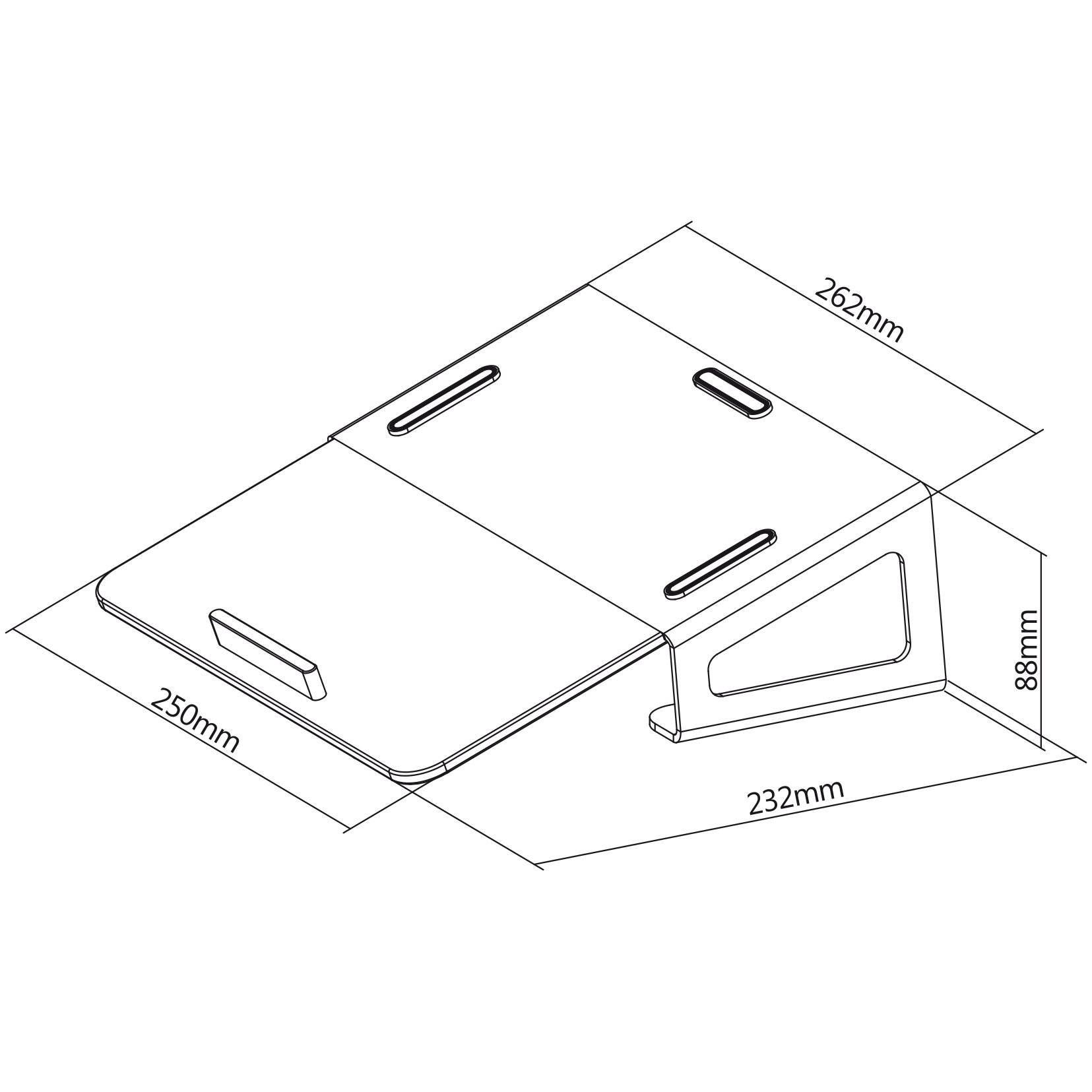 Schema eines Laptopständers. Zeigt die Abmessungen: 250 mm x 262 mm und 88 mm x 232 mm.