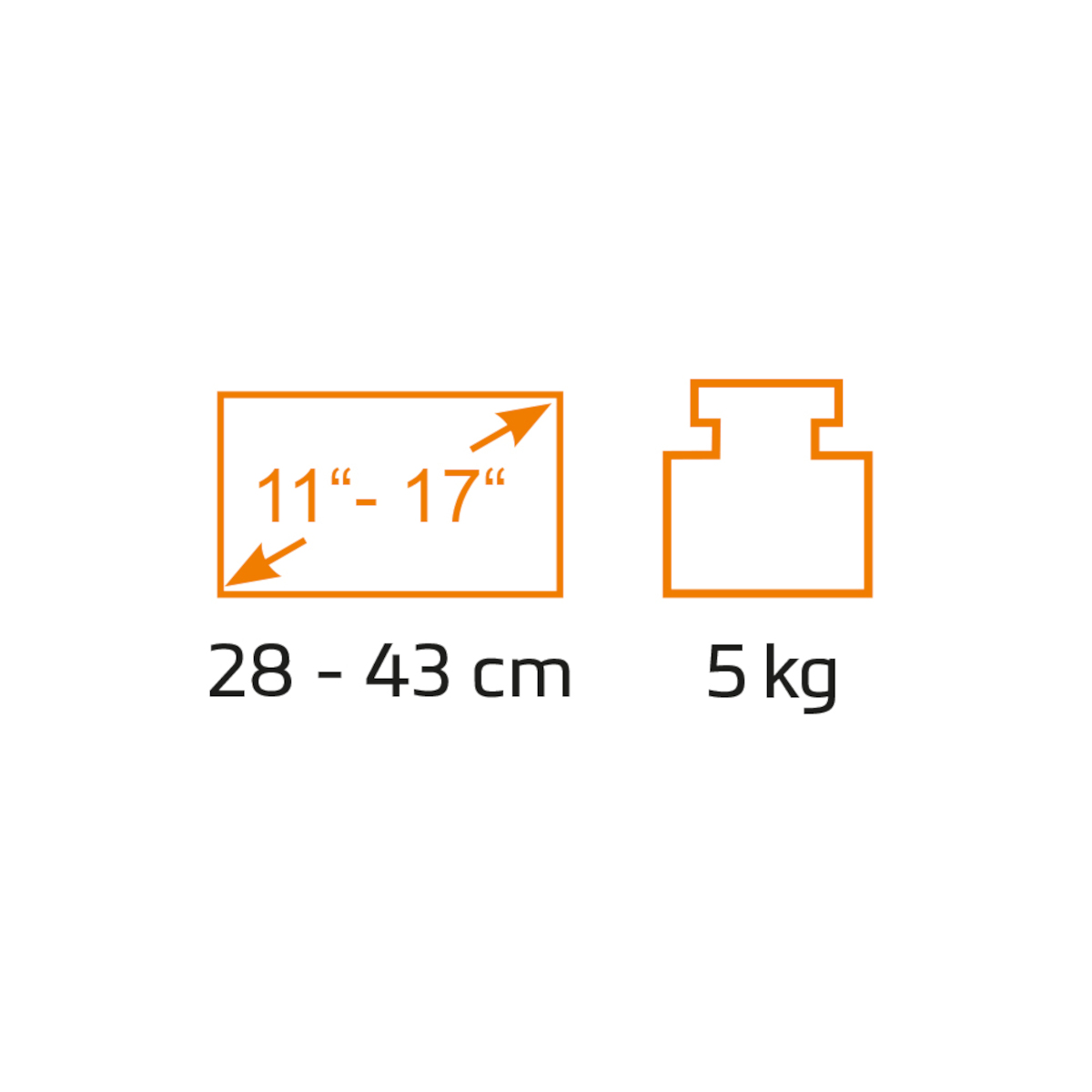 Diagramm mit Abmessungen und Gewicht. 11-17 Zoll Bildschirmgröße, 28-43 cm und 5 kg Gewicht.
