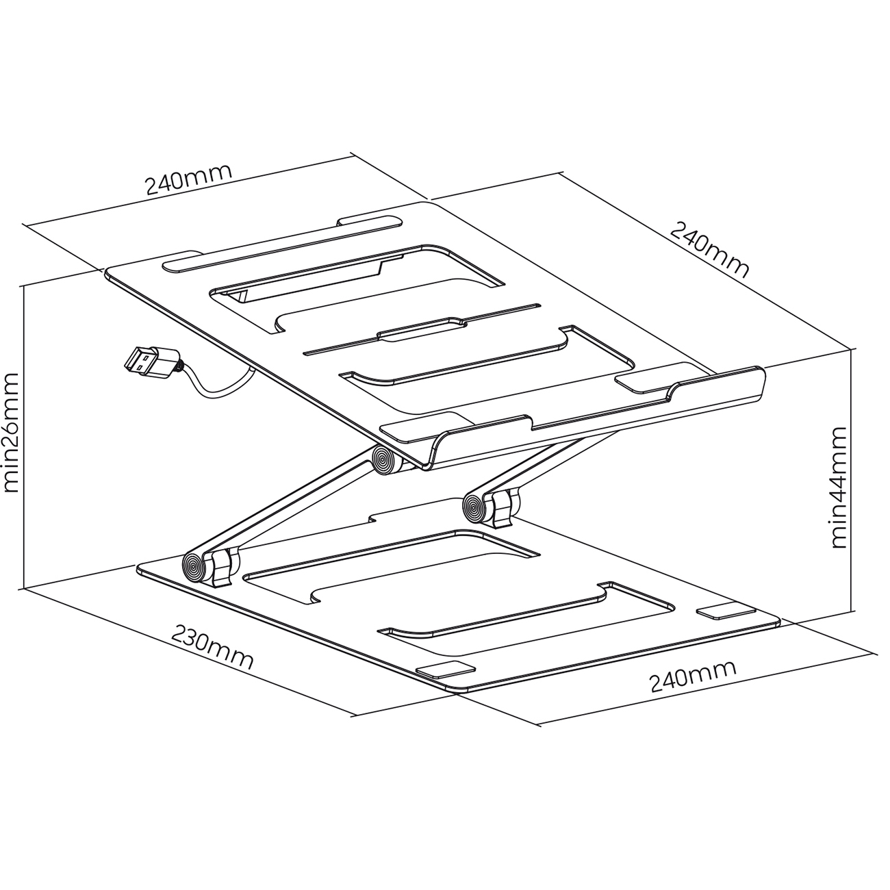 Schwarz-Weiß-Diagramm eines Laptop-Ständers mit Maßen. Der Hintergrund ist weiß.