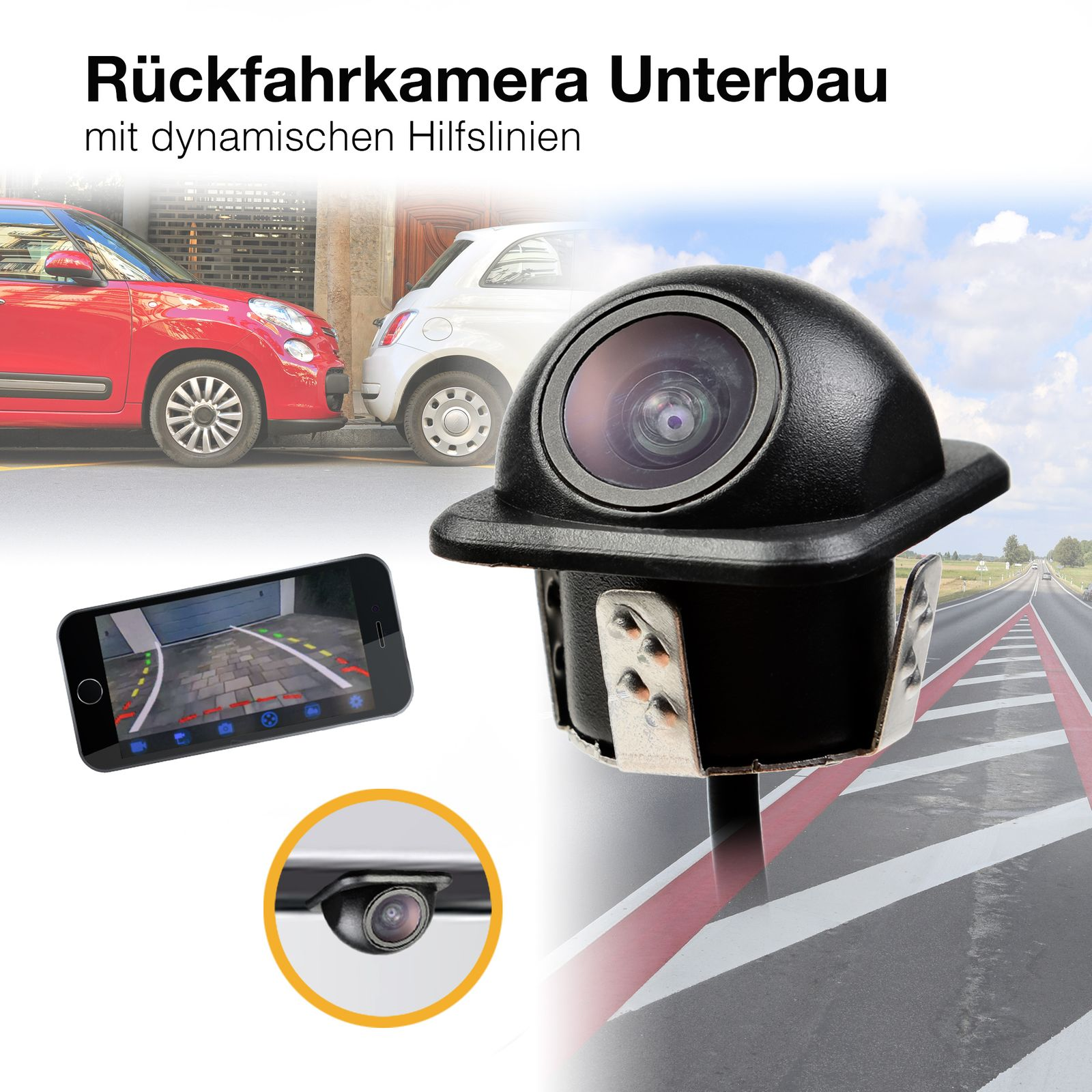 Auto mit Rückfahrkamera. Bildschirm zeigt Bild mit Linien. Himmel und Straße im Hintergrund.
