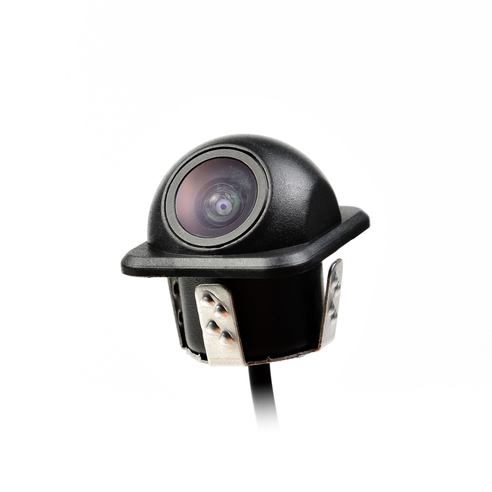 Schwarze Autokamera mit Linse. Sie hat eine silberne Halterung und ein schwarzes Kabel. Der Hintergrund ist weiß.