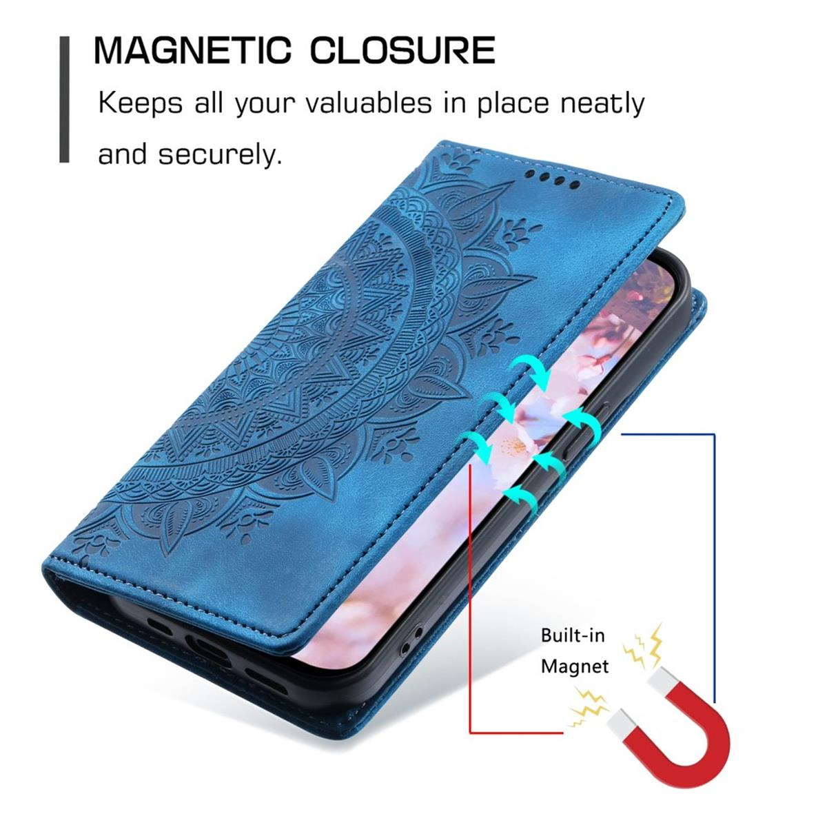Eine blaue Handyhülle geöffnet, zeigt ein Telefon. Text: „Magnetverschluss“ und „Eingebauter Magnet“.