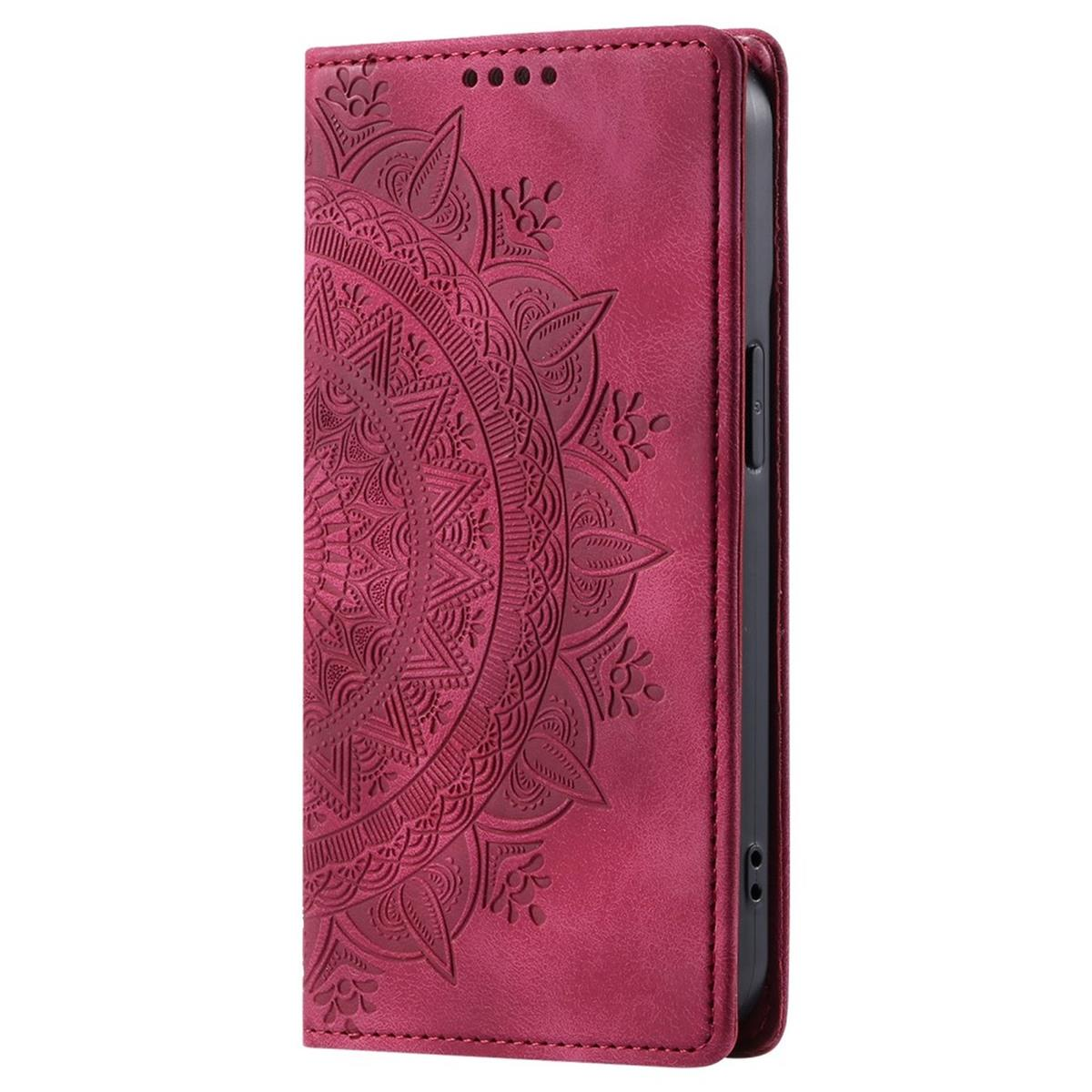 Rote Handyhülle mit Mandala-Design, mit einem Telefon darin. Sie ist geschlossen.