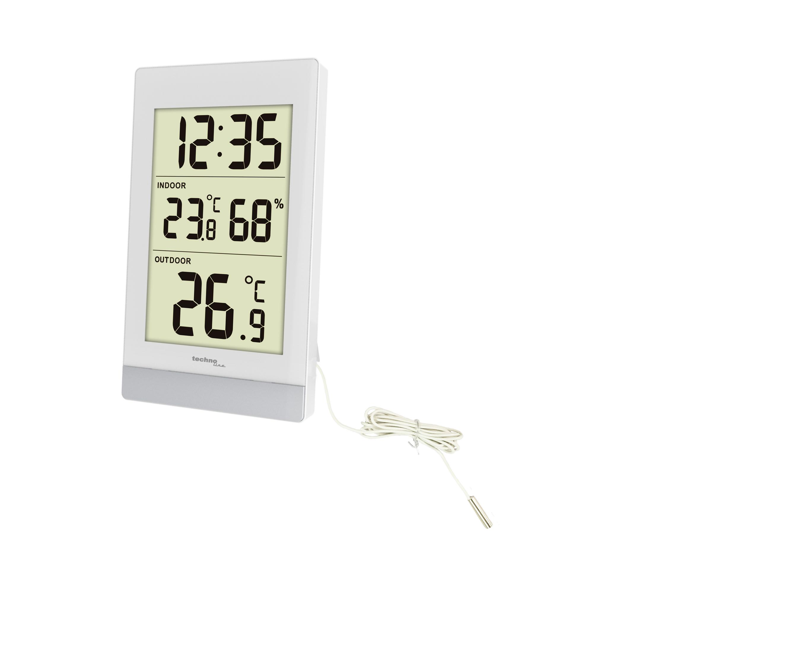 Cyfrowa stacja pogodowa pokazująca czas, temperaturę wewnątrz/na zewnątrz i wilgotność.