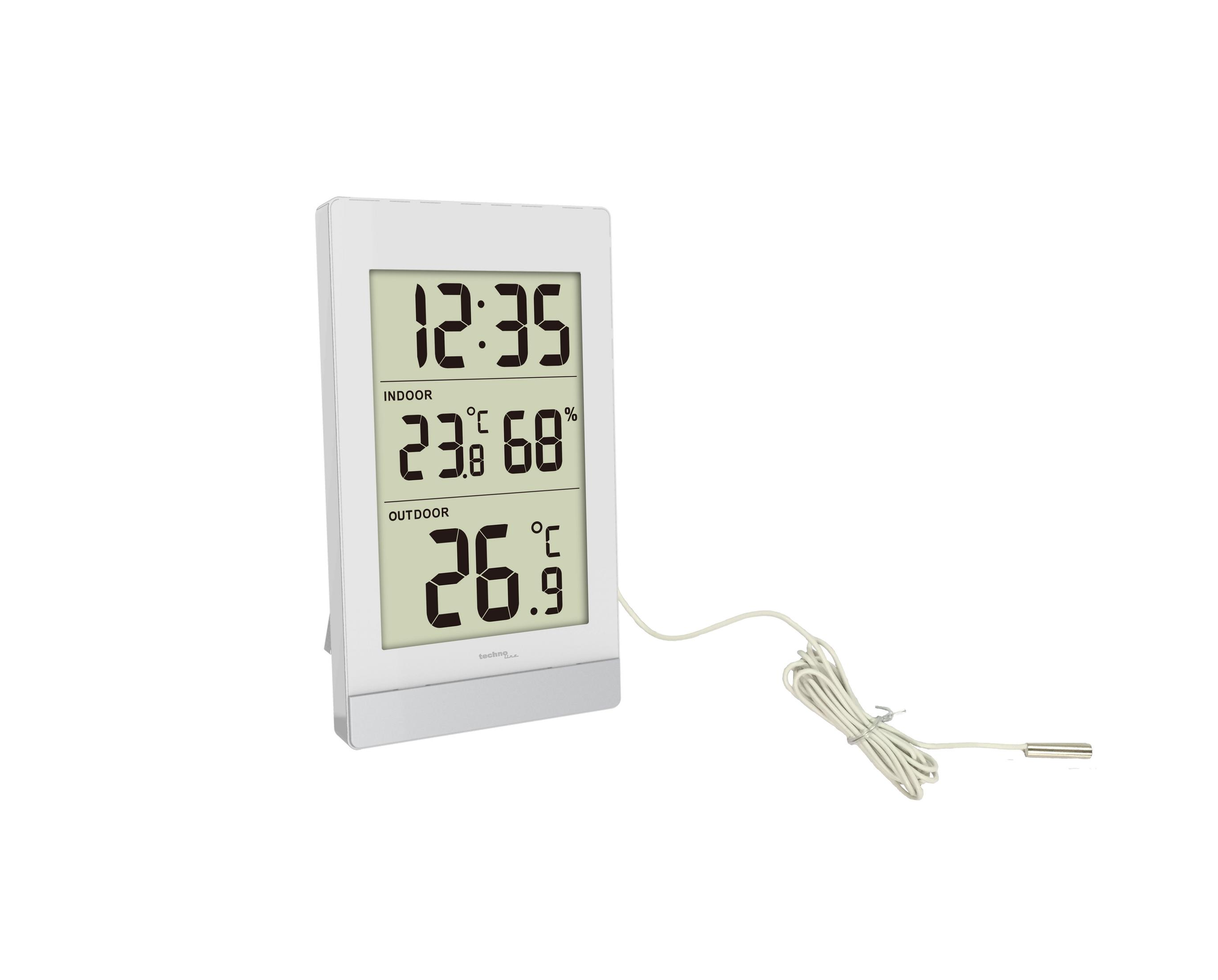 Cyfrowa stacja pogodowa wyświetlająca godzinę, temperaturę wewnątrz i na zewnątrz oraz wilgotność.