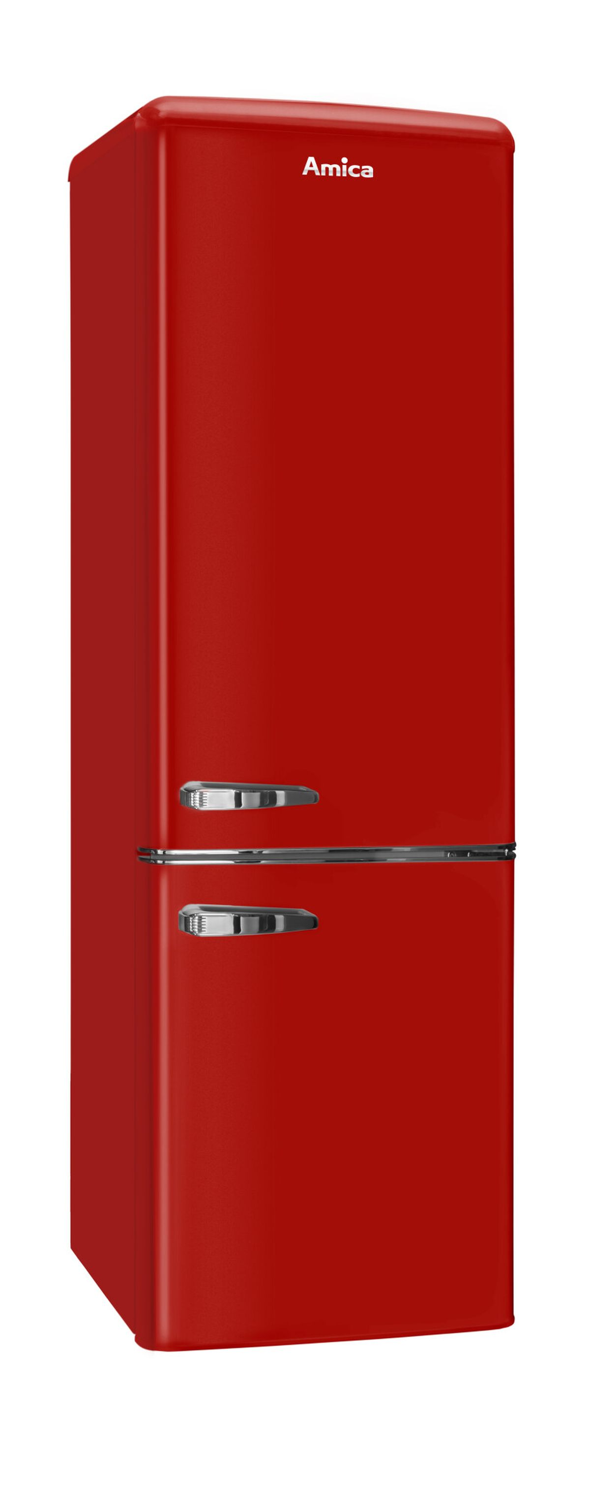 Roter Retro-Kühlschrank mit zwei Türen, Chromgriffen und der Marke Amica.