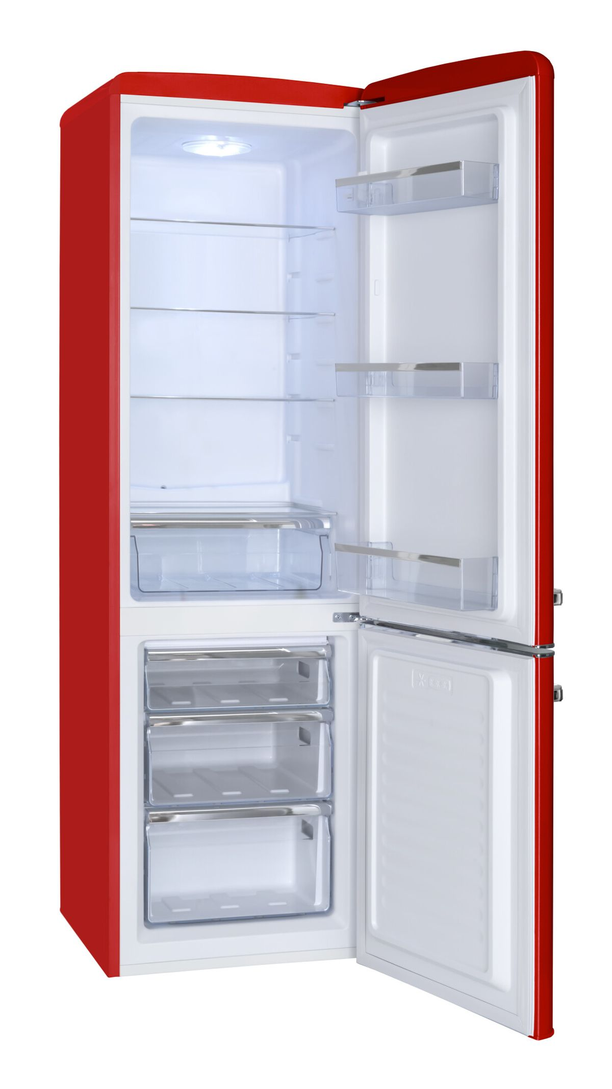 Roter Kühlschrank mit offener Tür. Regale und Schubladen sind innen sichtbar.