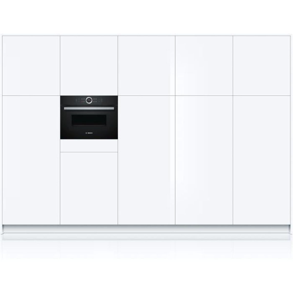 Un horno negro empotrado está instalado en un armario blanco. El horno está centrado en el diseño del armario.