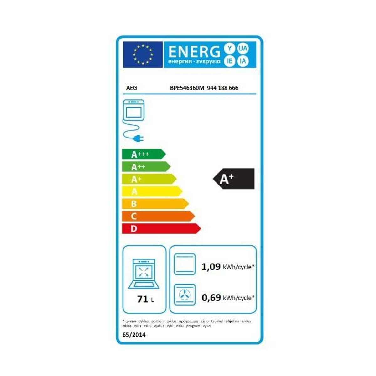 Etiqueta energética para un horno AEG. Muestra detalles y especificaciones de eficiencia energética.