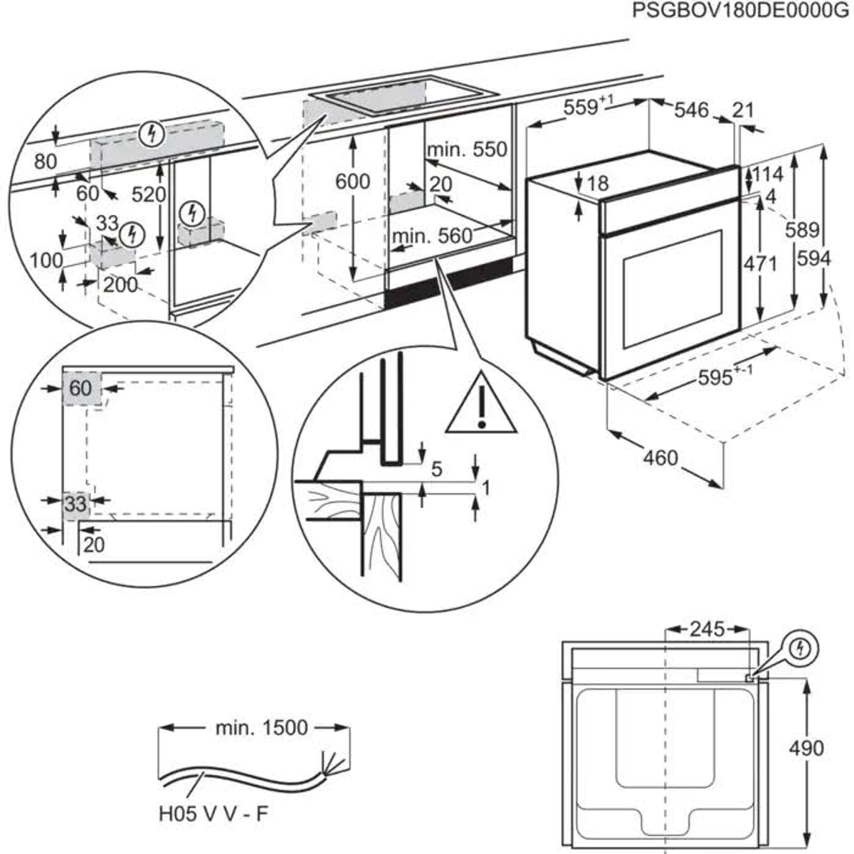 Dibujo técnico de un horno empotrado que muestra dimensiones y detalles de instalación con anotaciones.