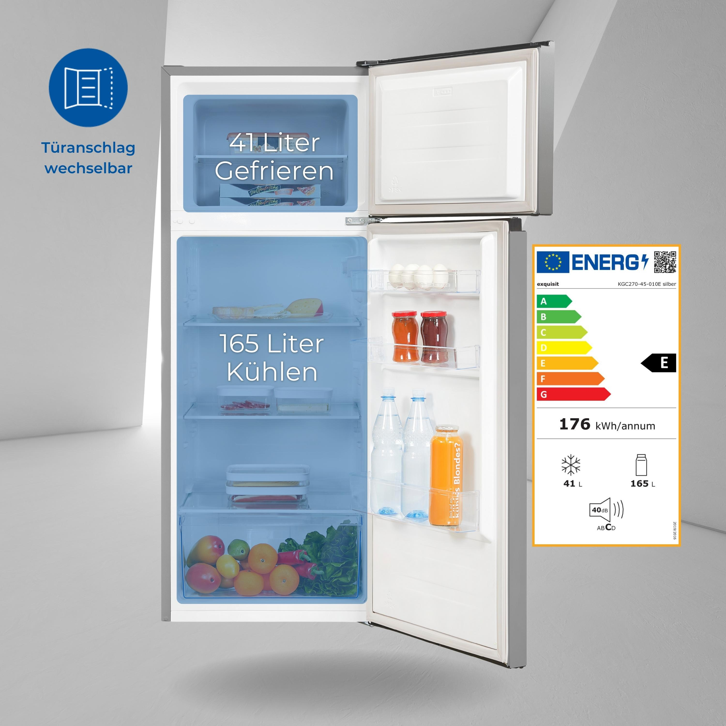 Kühlschrank mit offenen Türen. Der Kühlschrank ist silberfarben mit blauer Beleuchtung im Inneren.