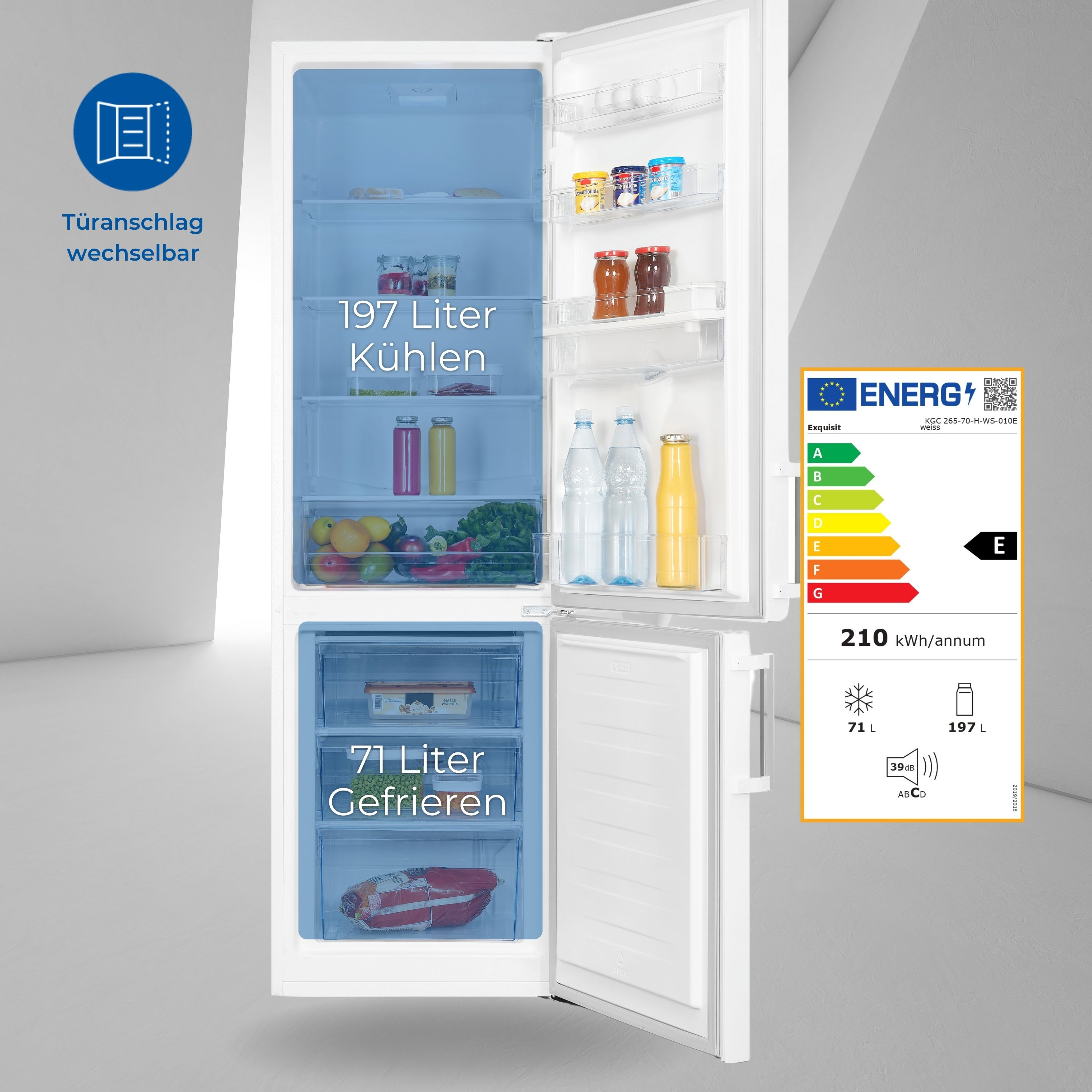 Weißer Kühlschrank mit geöffneten Türen. Im Inneren befinden sich Regale mit Lebensmitteln.