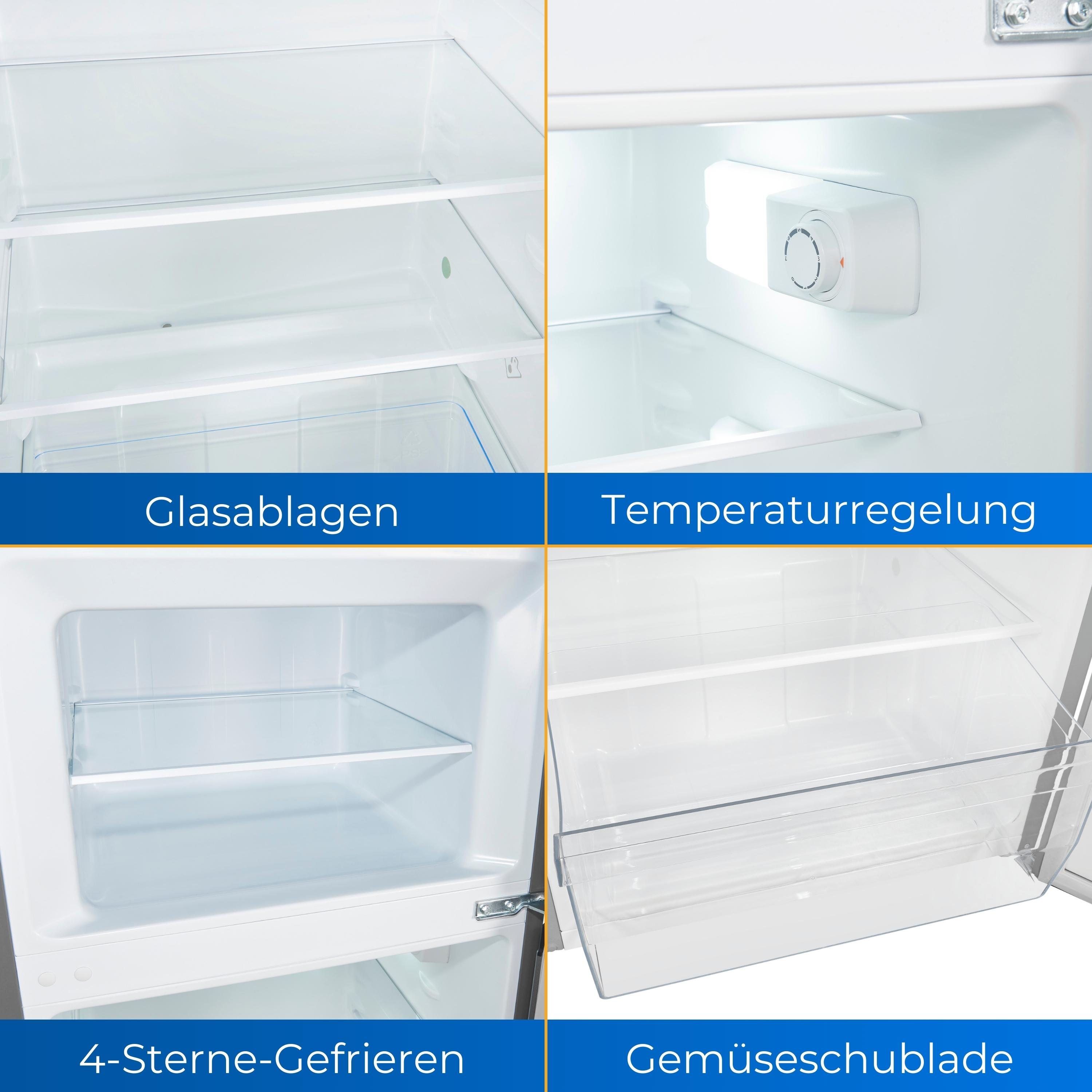 Nahaufnahme des Kühlschrankinneren, Glasböden, Temperaturregelung und Gefrierfach.