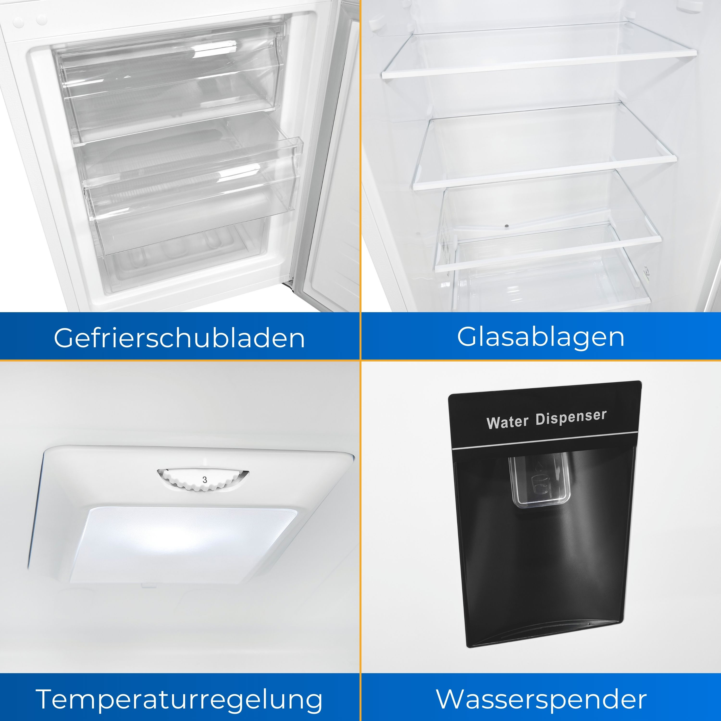 Kühlschrankinnenraum mit Regalen, Schubladen und einem Wasserspender, mit deutschen Beschriftungen.