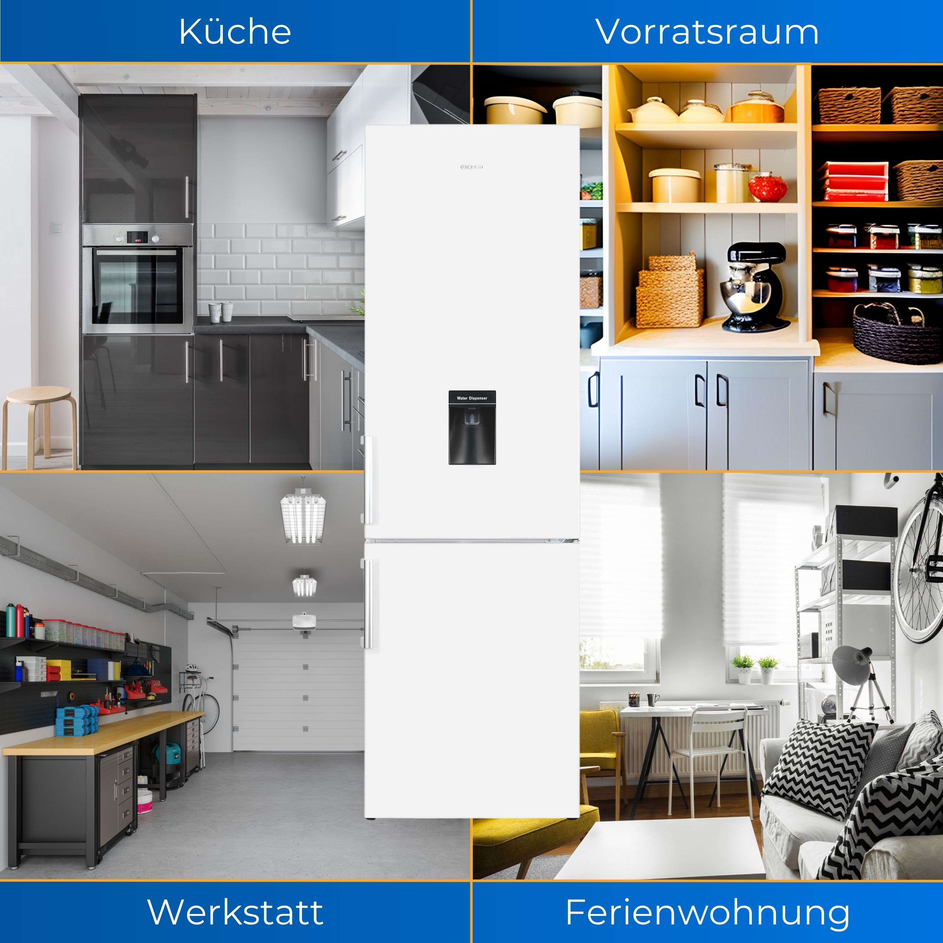 Eine Collage von vier Szenen: Küche, Vorratsraum, Werkstatt und Ferienwohnung.