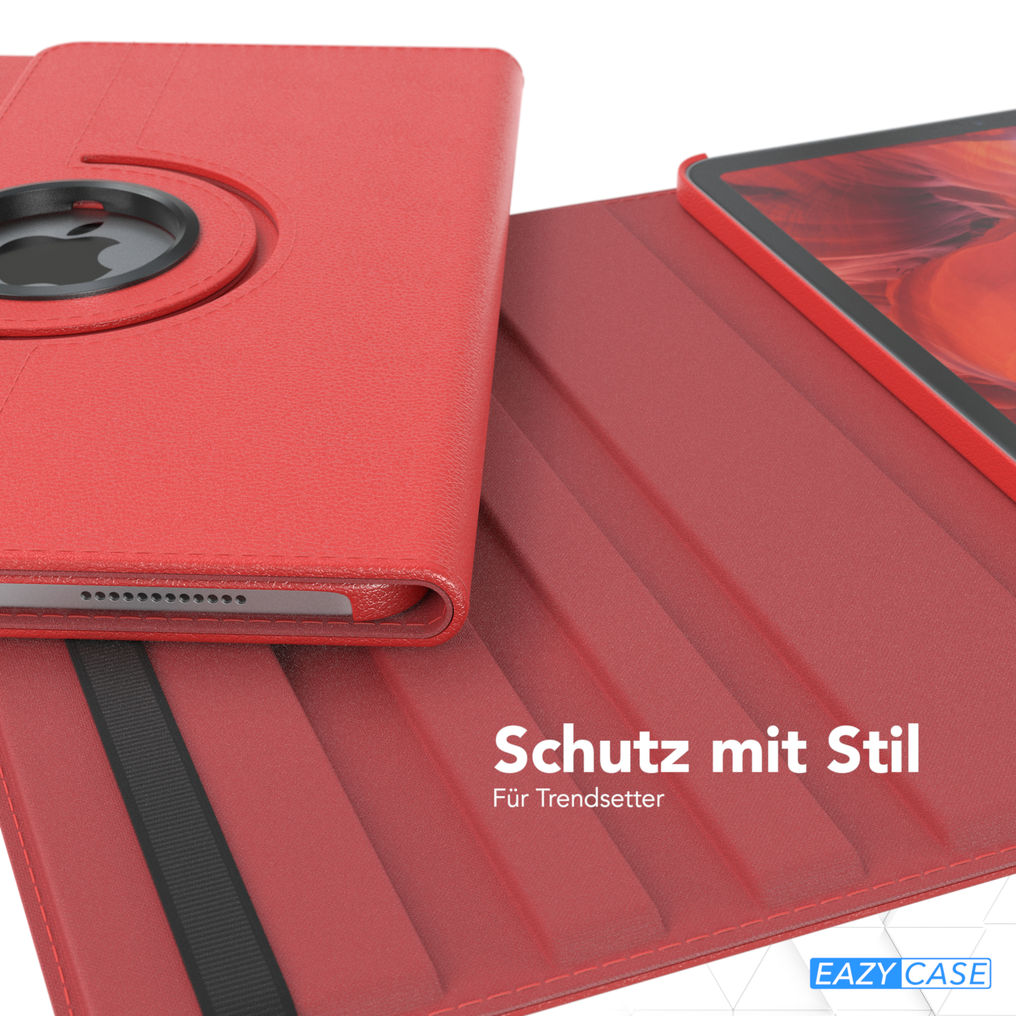 Rote Tablet-Hülle mit Drehfunktion und Text: Schutz mit Stil.