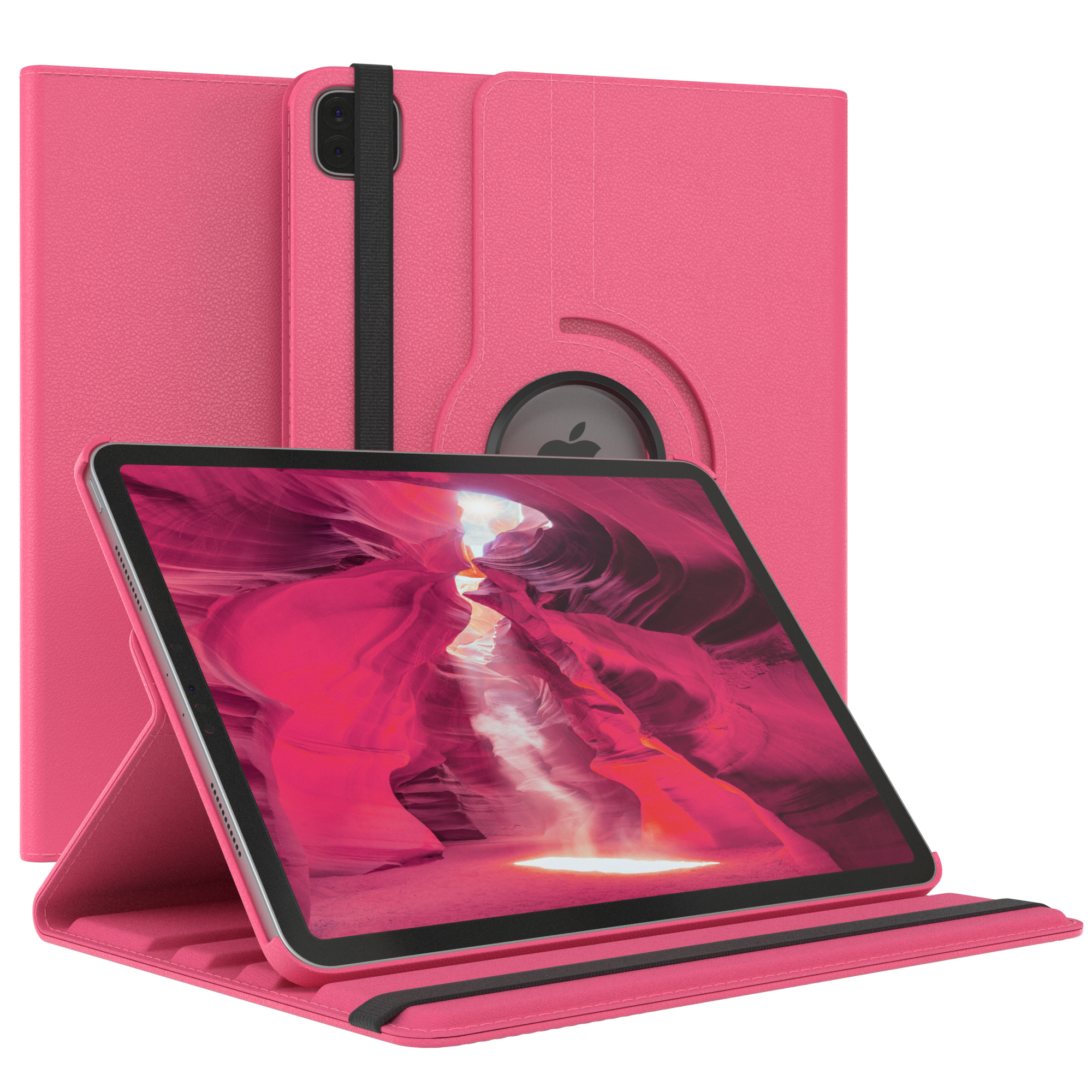 Rosa Tablet-Hülle mit Tablet darin. Hülle hat Magnetverschluss und Standfunktion.