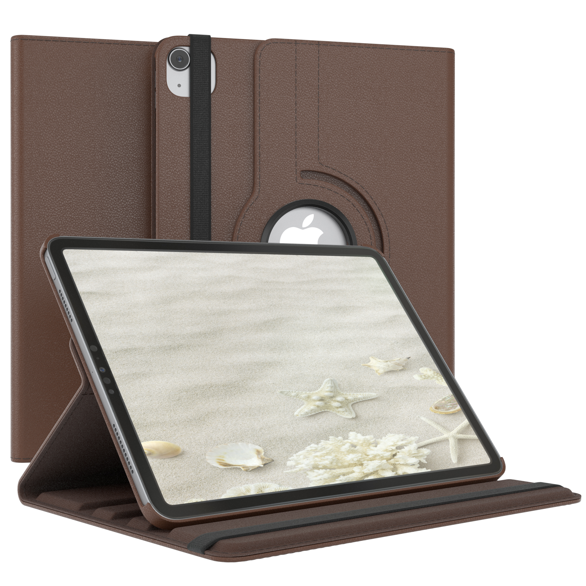 Tablet in brauner Hülle, auf weißem Hintergrund. Das Tablet ist geöffnet, mit einer Strandszene auf dem Bildschirm.